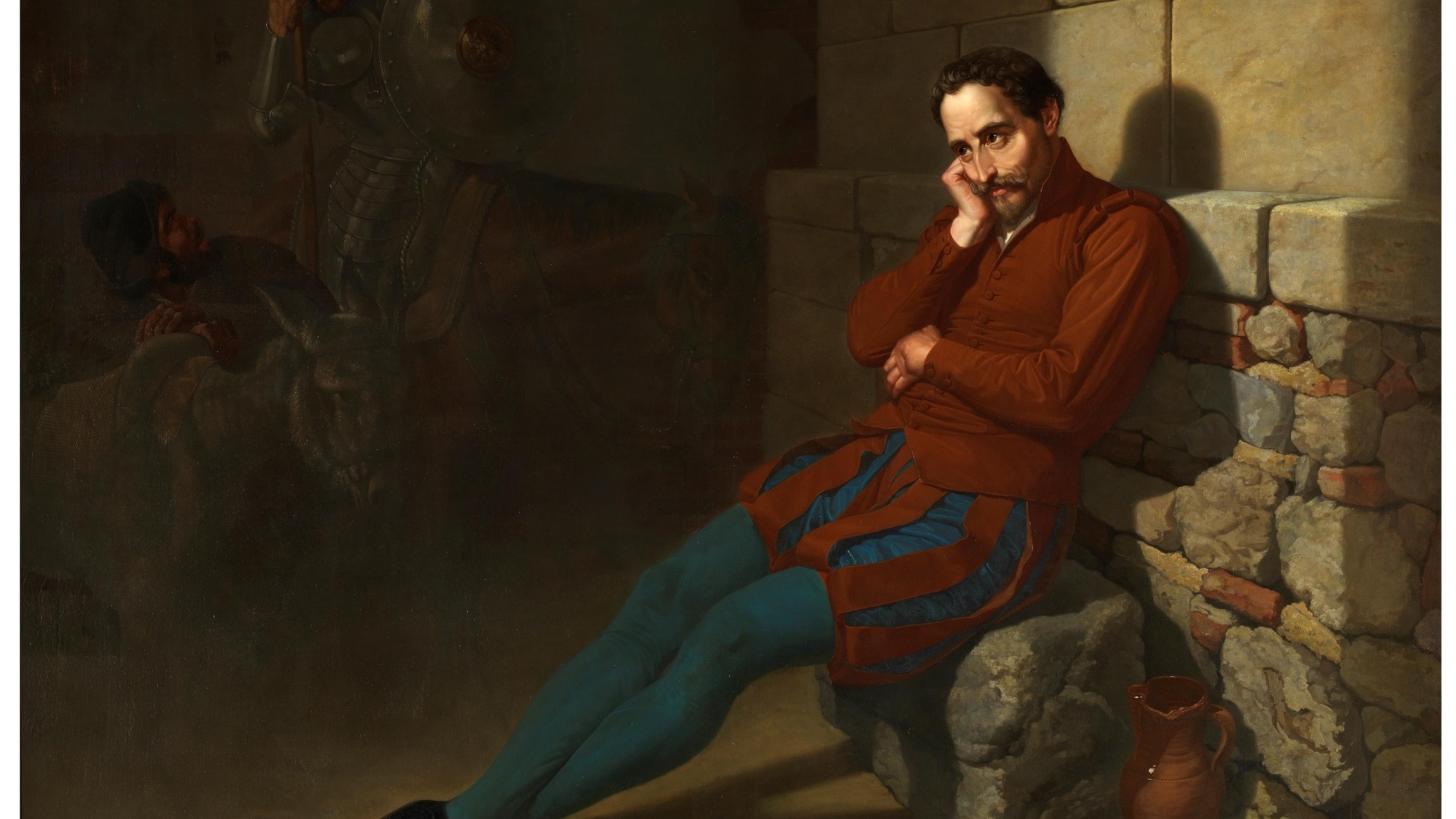 Painting of a man in colourful clothes sitting against a stone wall looking pensive with armour-clad figures in the shadows.