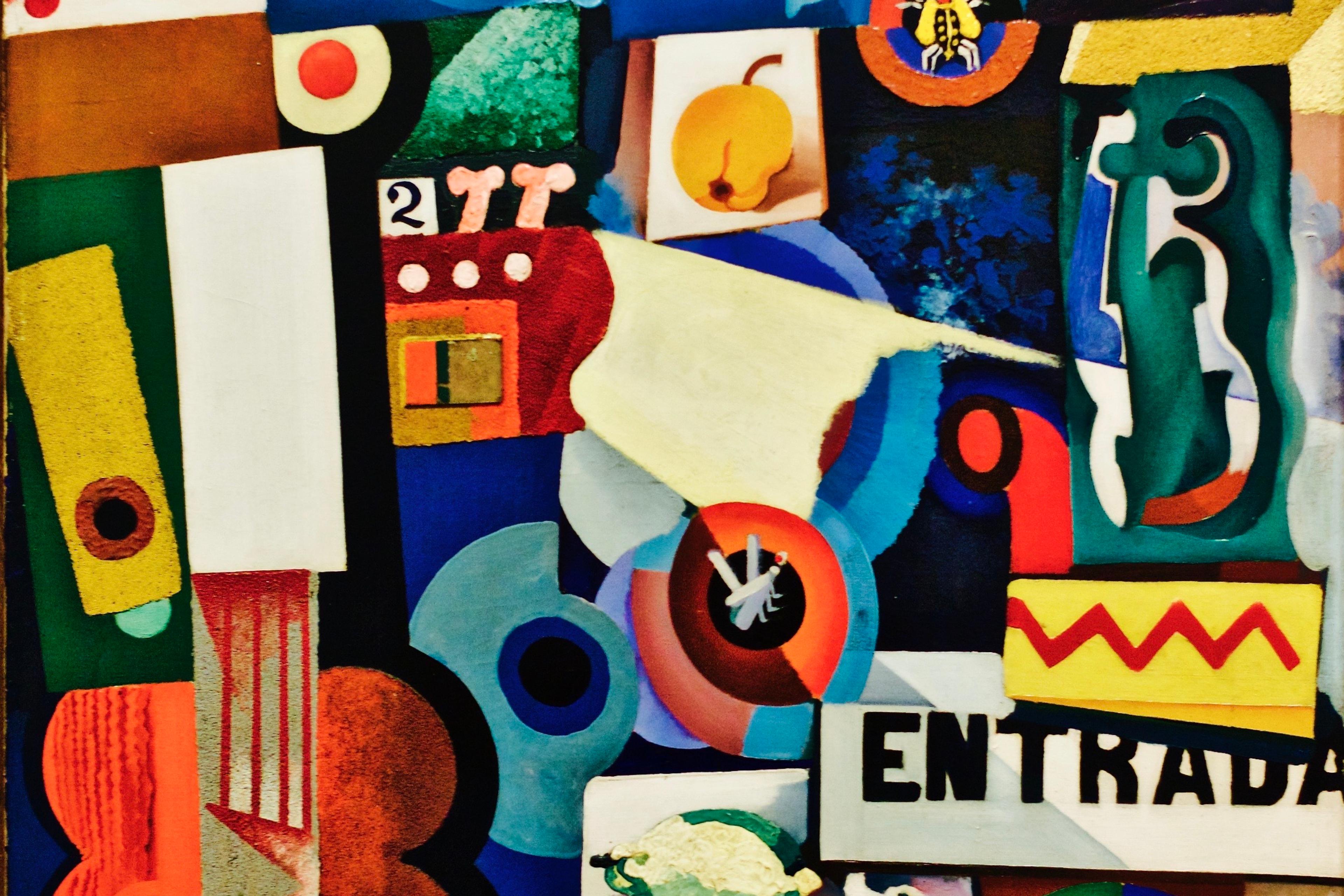 Abstract collage painting with colourful geometric shapes, text and patterns. Includes elements like a pear and “ENTRADA” sign.