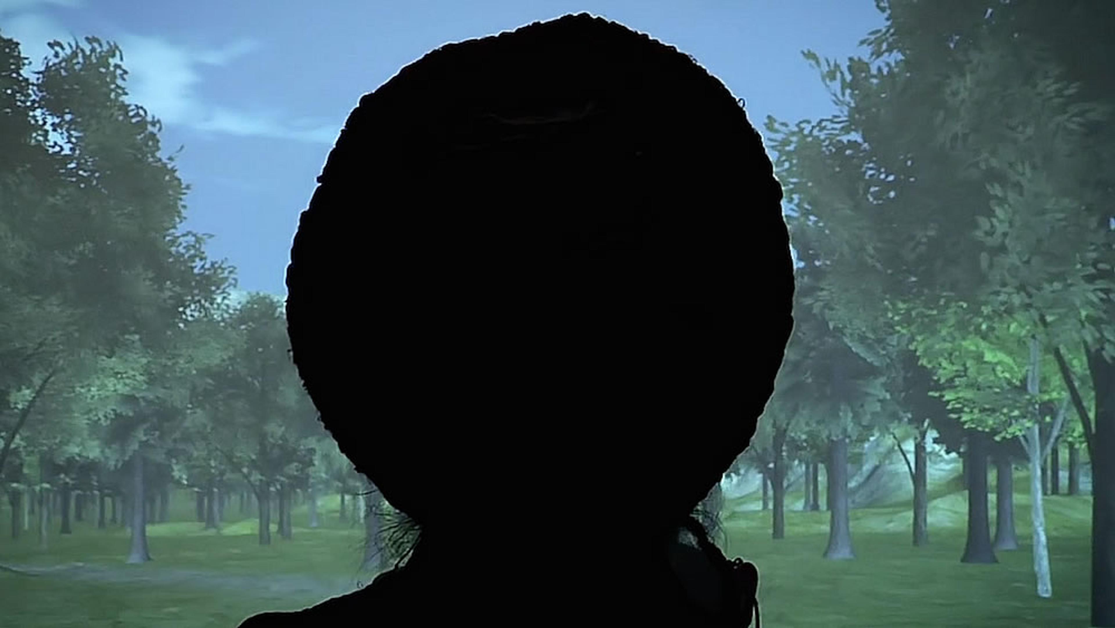 Silhouette of a person wearing a beanie against a backdrop of a forest with trees, grass and a blue sky; photo.