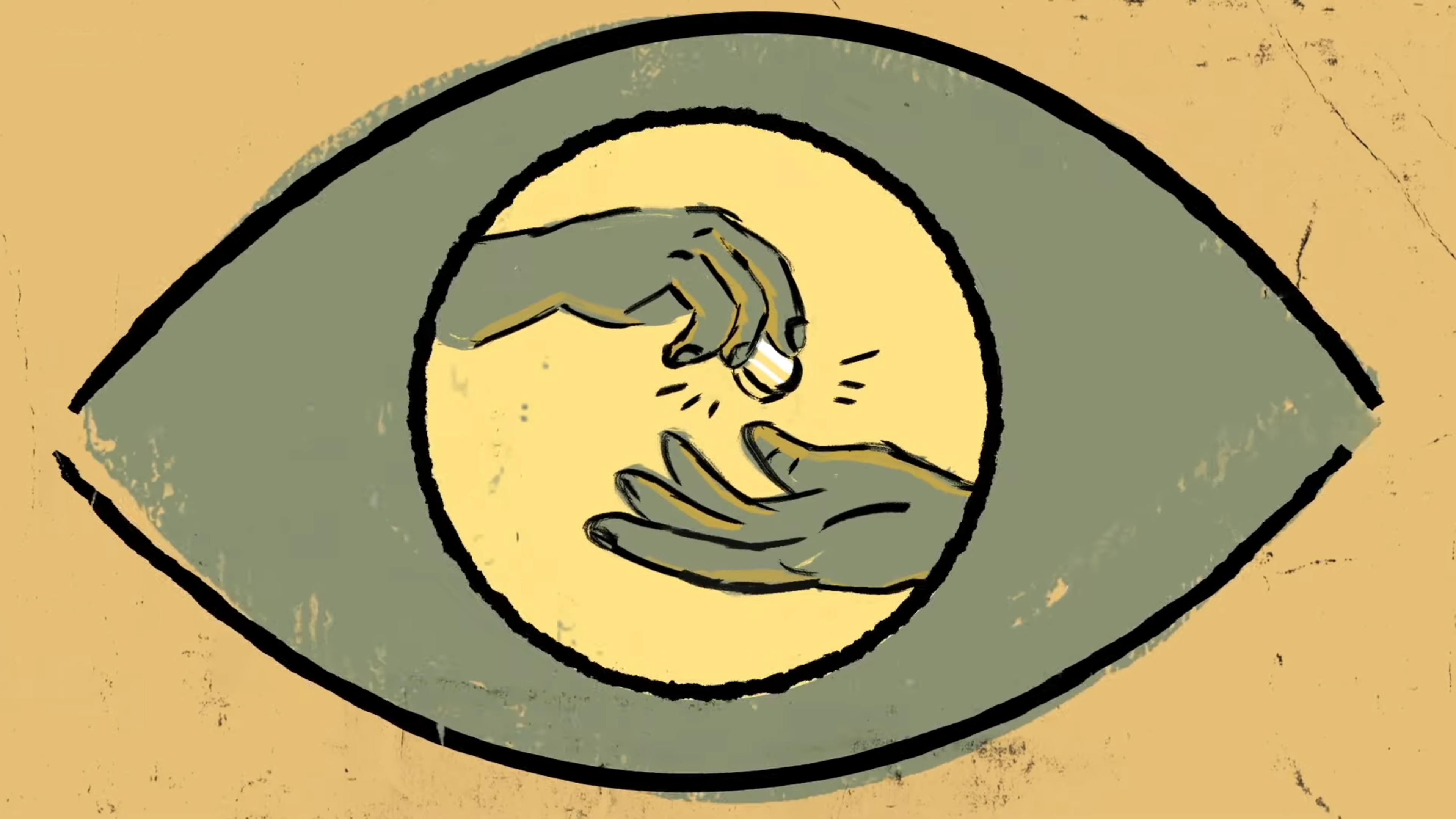 Illustration of a hand dropping a coin into another hand within an eye-shaped frame on a textured background.