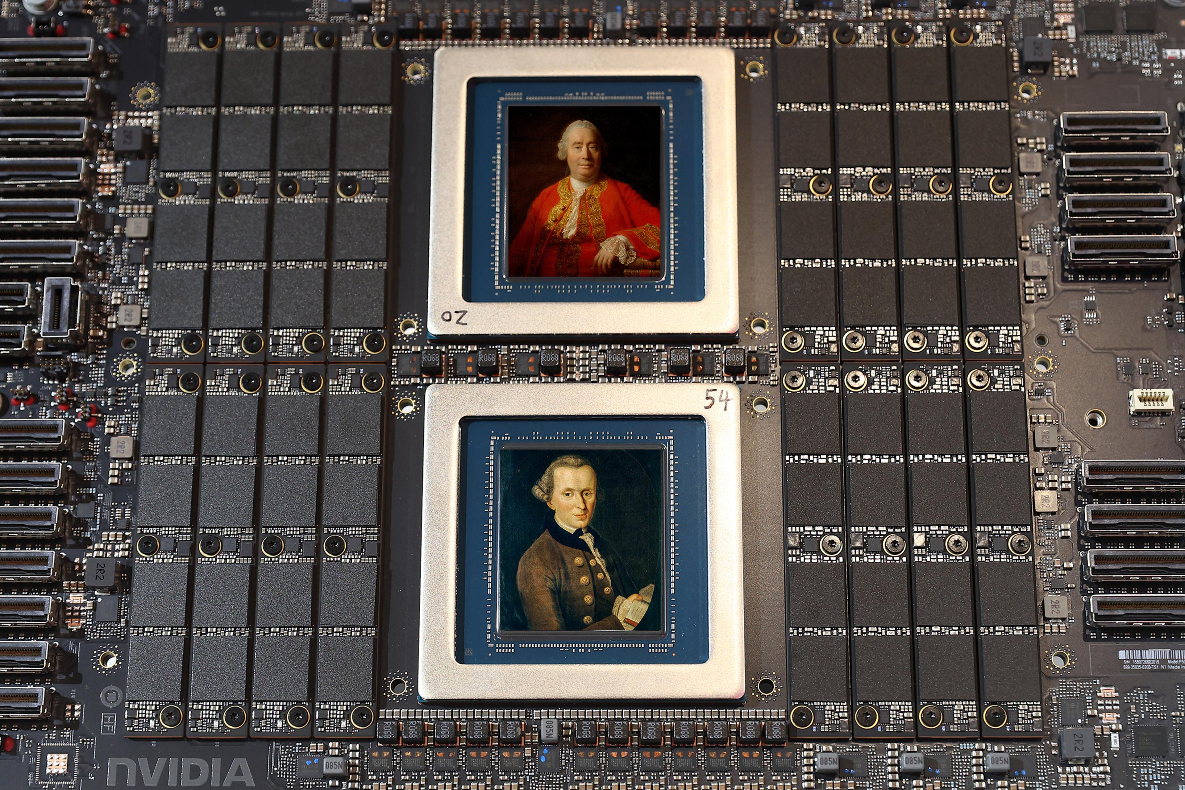 Close-up photo of a circuit board with two CPU-like components showing classical portraits instead of standard chips.