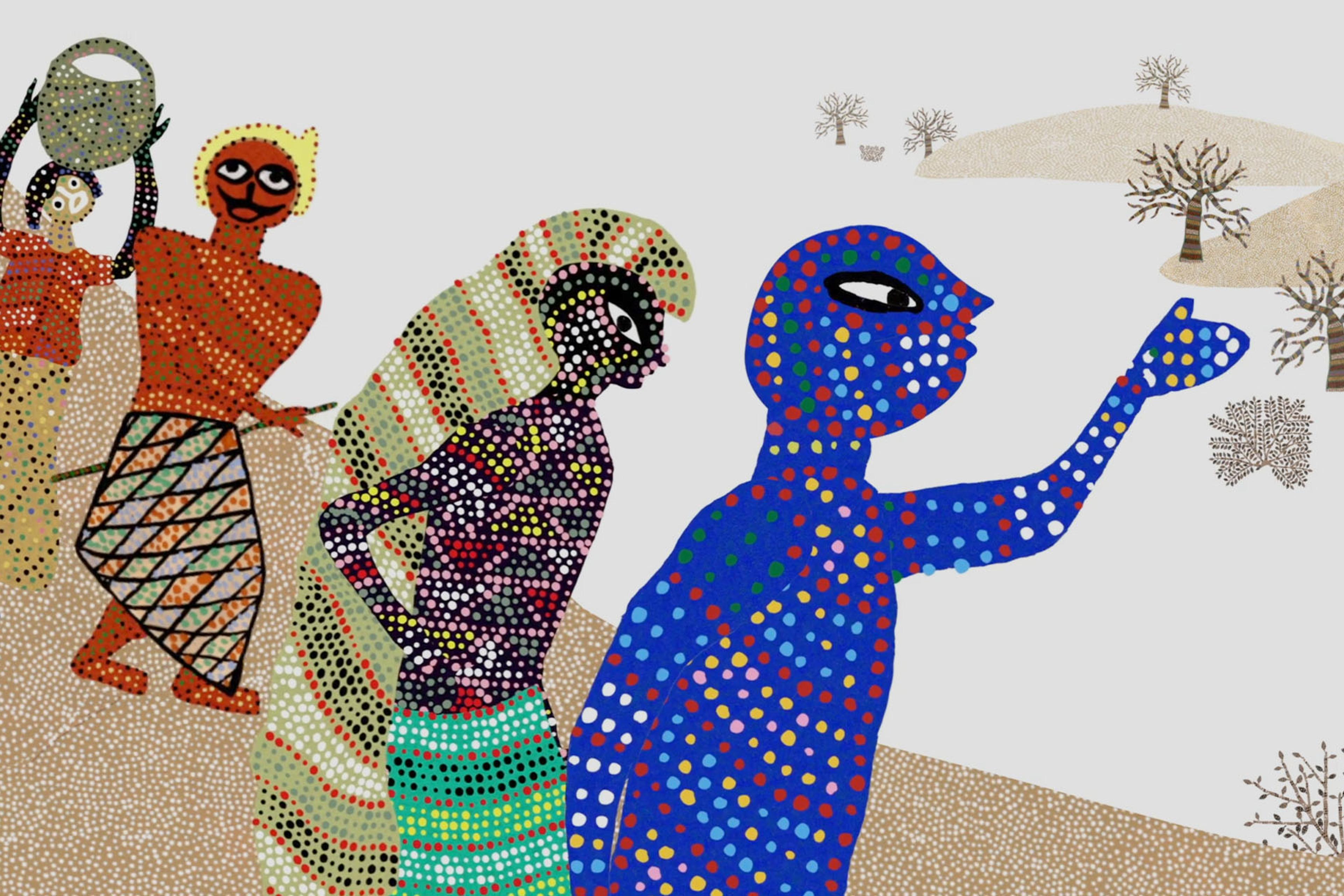 Colourful pointillistic painting of four figures in patterned clothing on a landscape with trees, likely representing rural life.