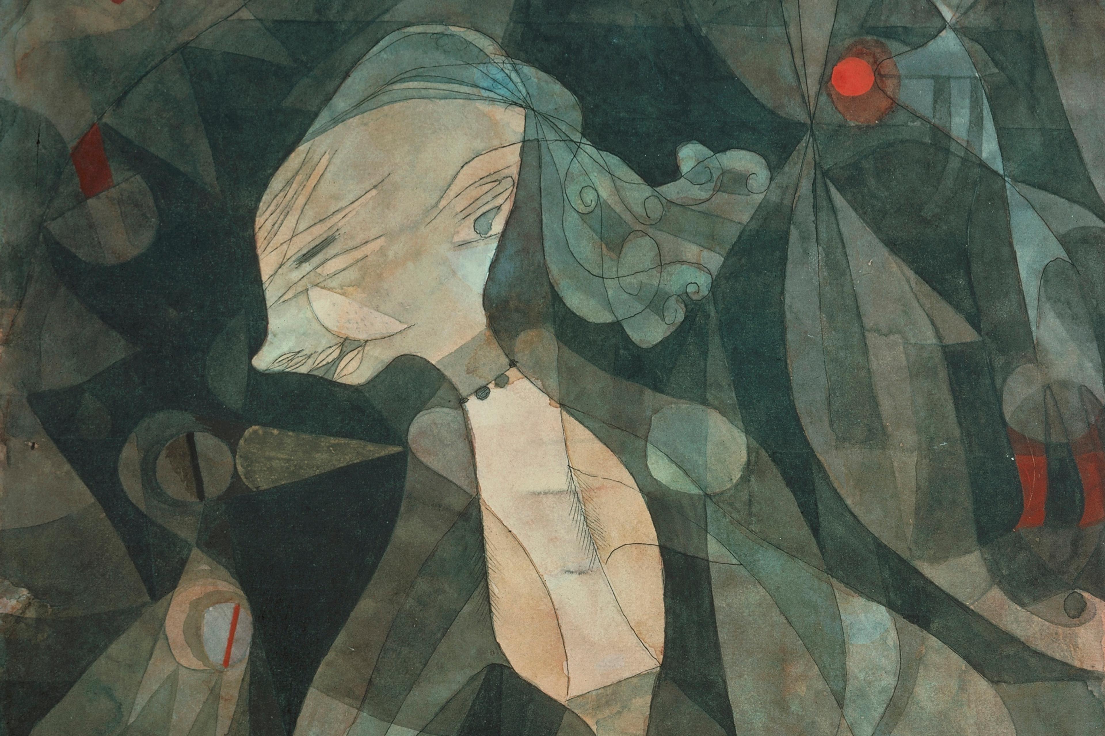 Abstract painting of a stylised figure with swirling shapes and muted colours, featuring a red arrow and geometric patterns.