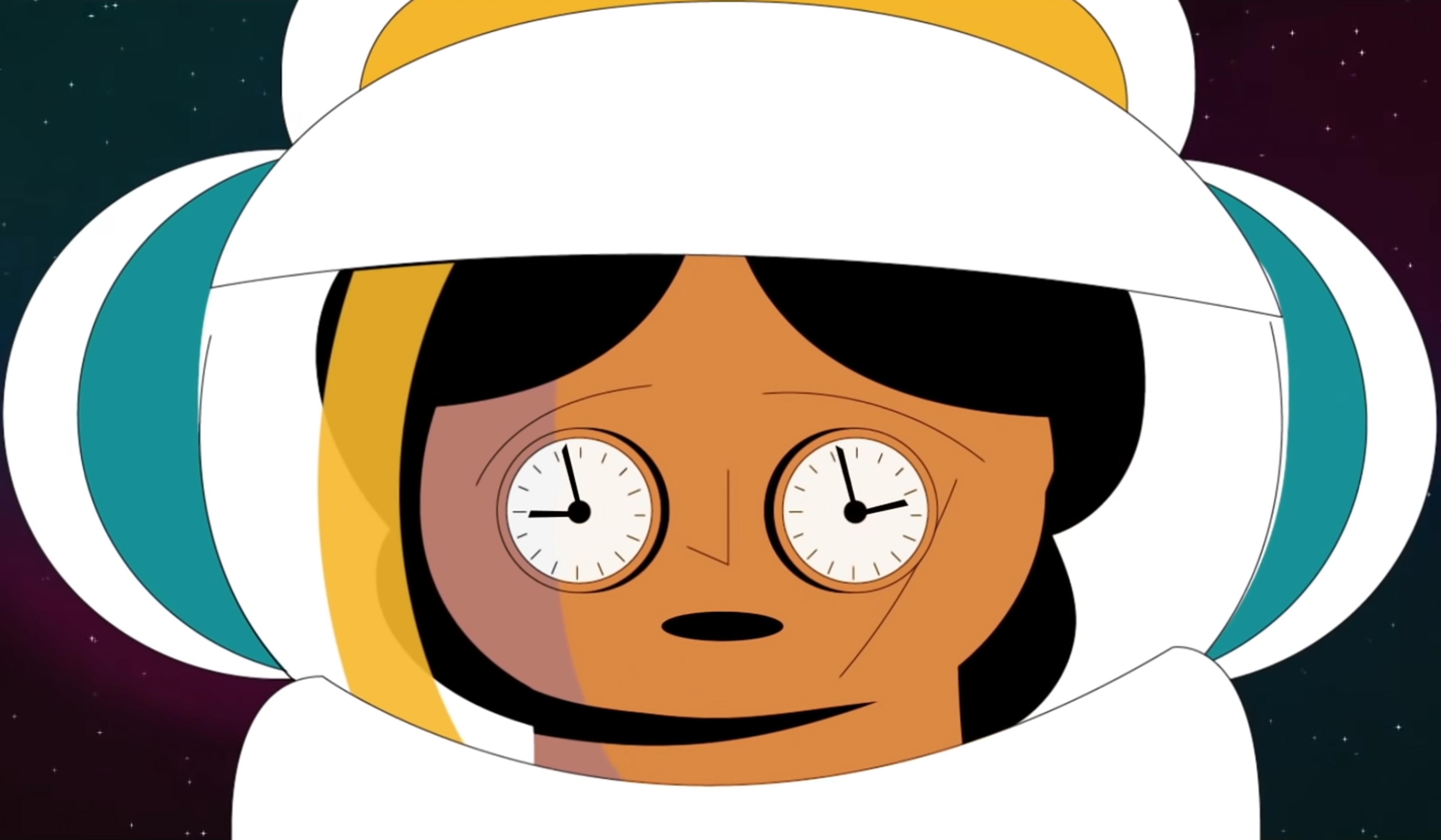 Cartoon astronaut with clock eyes, wearing a white helmet against a black background.