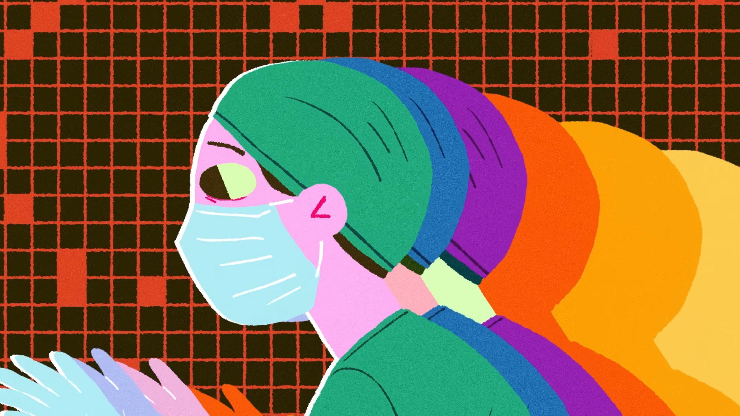 Illustration of a masked healthcare worker in multiple colours against a pixelated background.