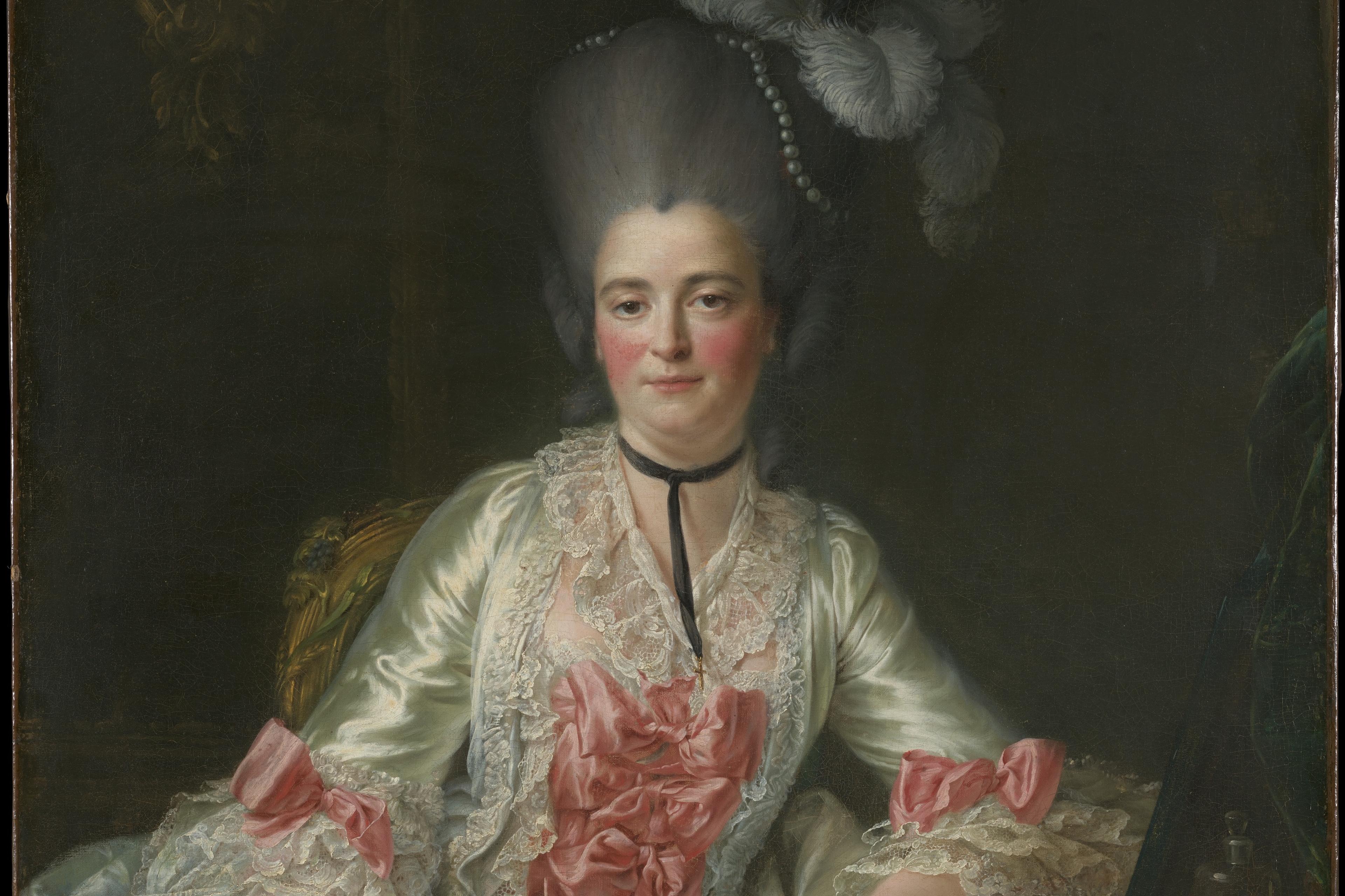 A painting of a woman in 18th-century attire with a large hairstyle holding a letter, seated with a dark background.