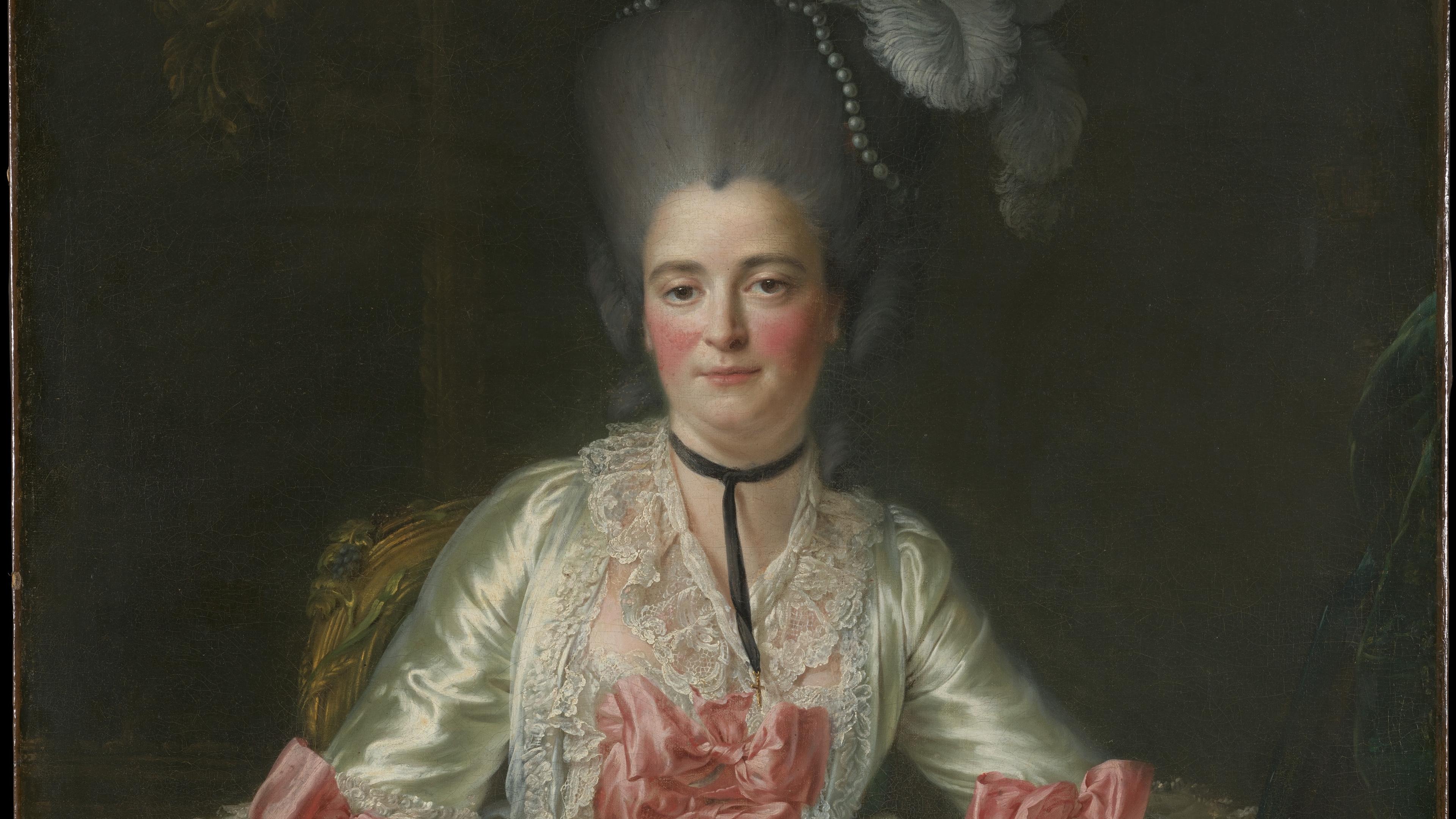 A painting of a woman in 18th-century attire with a large hairstyle holding a letter, seated with a dark background.