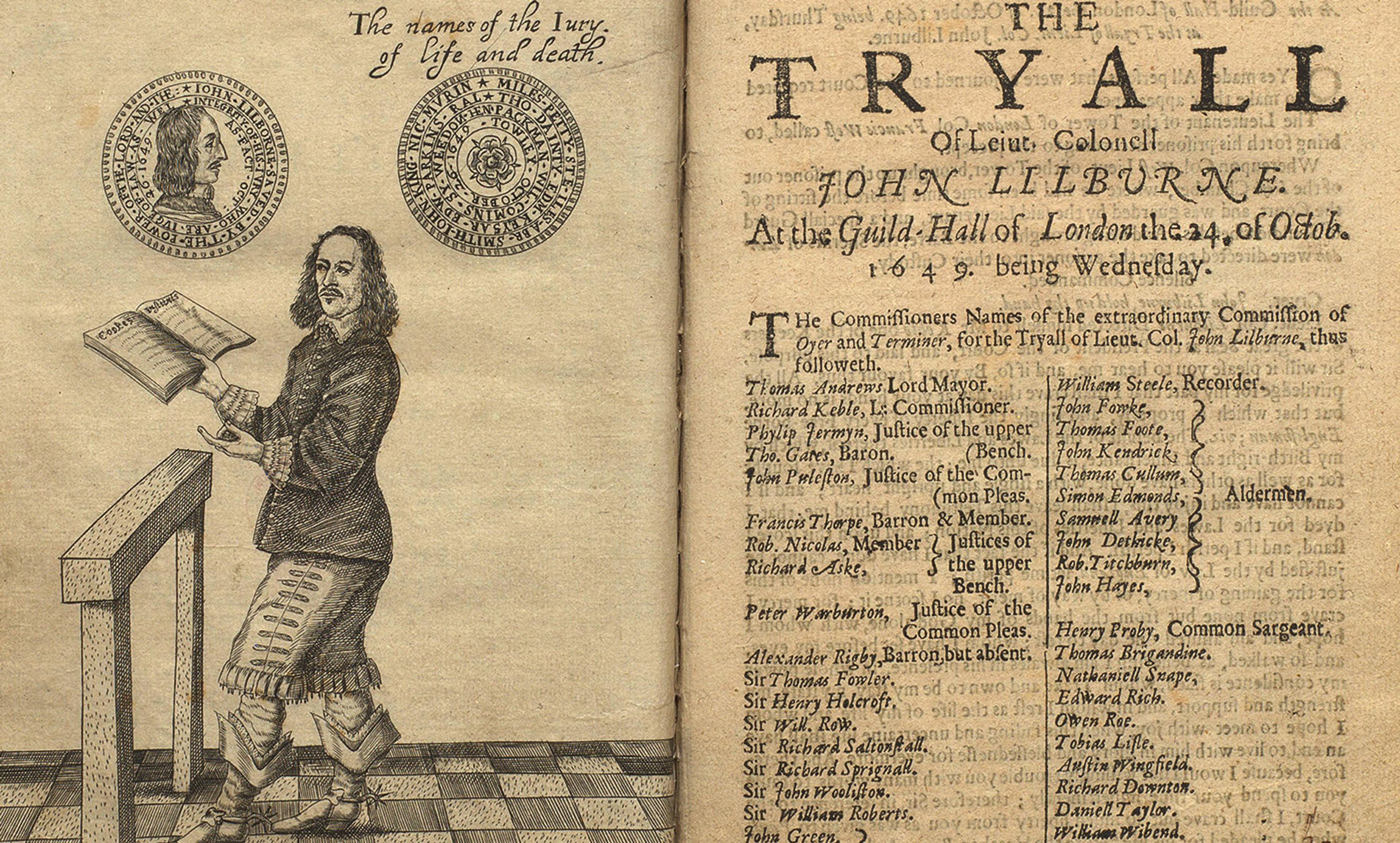 <p>John Lilburne, reading from Coke’s <em>Institutes of the Lawes of England</em> (1628-44) at his trial for high treason in 1649<em>. Photo courtesy The British Library/Public Domain</em></p>