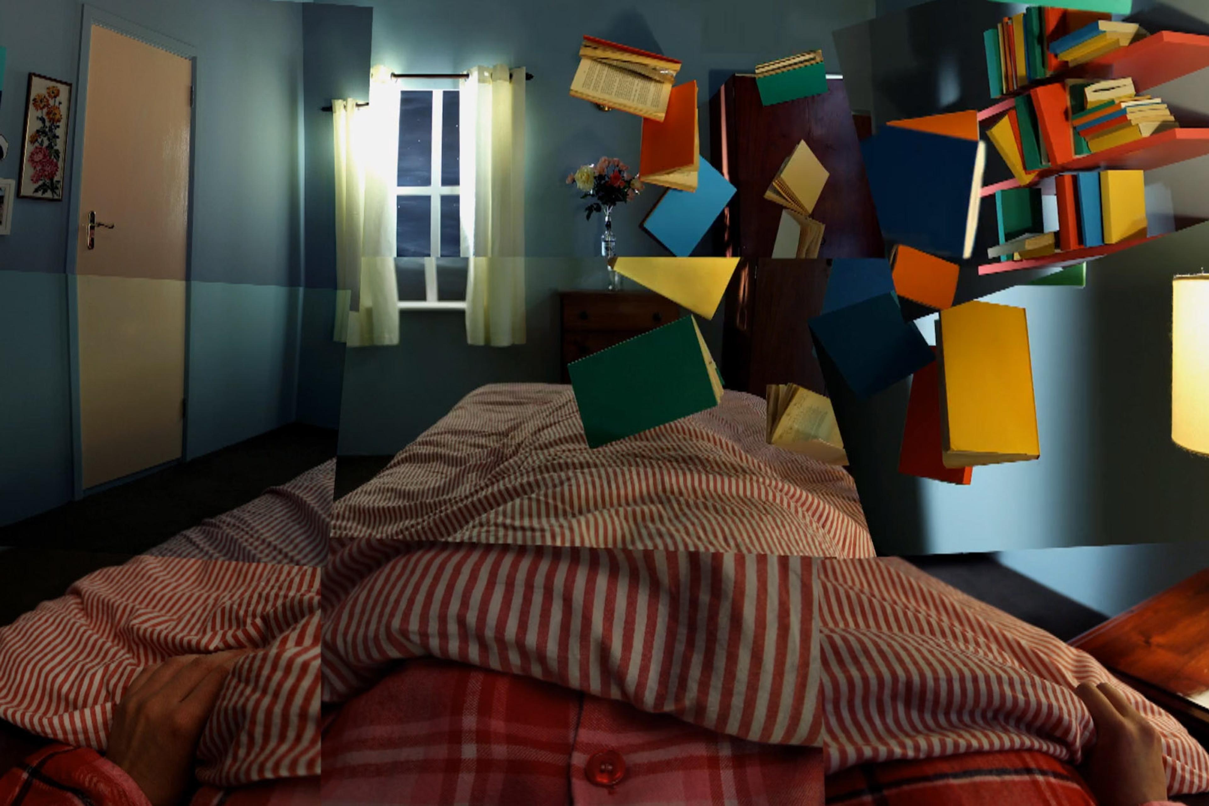 Photo collage of a surreal bedroom scene from the perspective of a person in bed, featuring floating books, striped bedsheets, wall art, a window, and a bedside lamp.