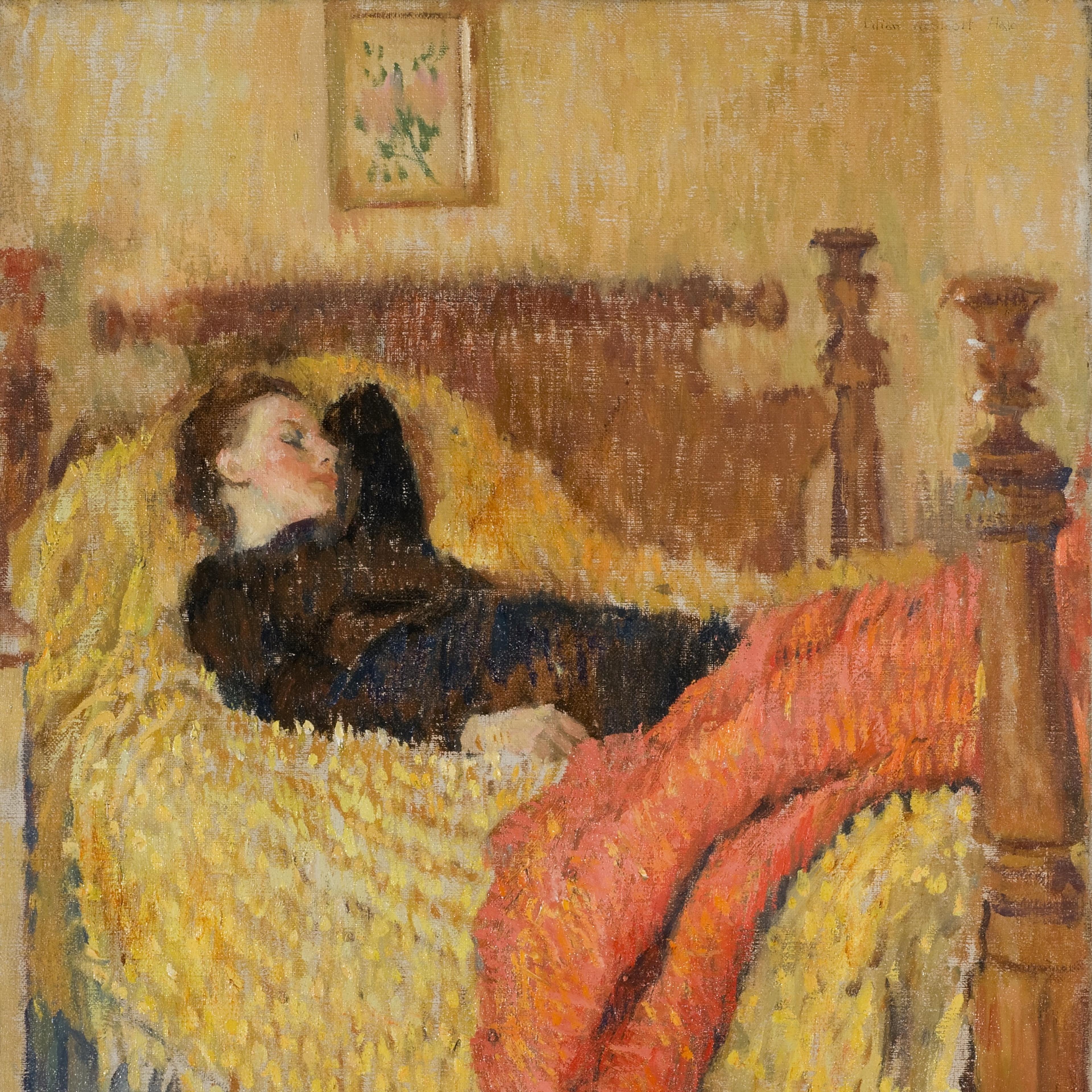 따뜻한 색조의 방에서 노란색 침구와 빨간색 담요를 덮고 침대에 잠든 사람을 그린 그림.