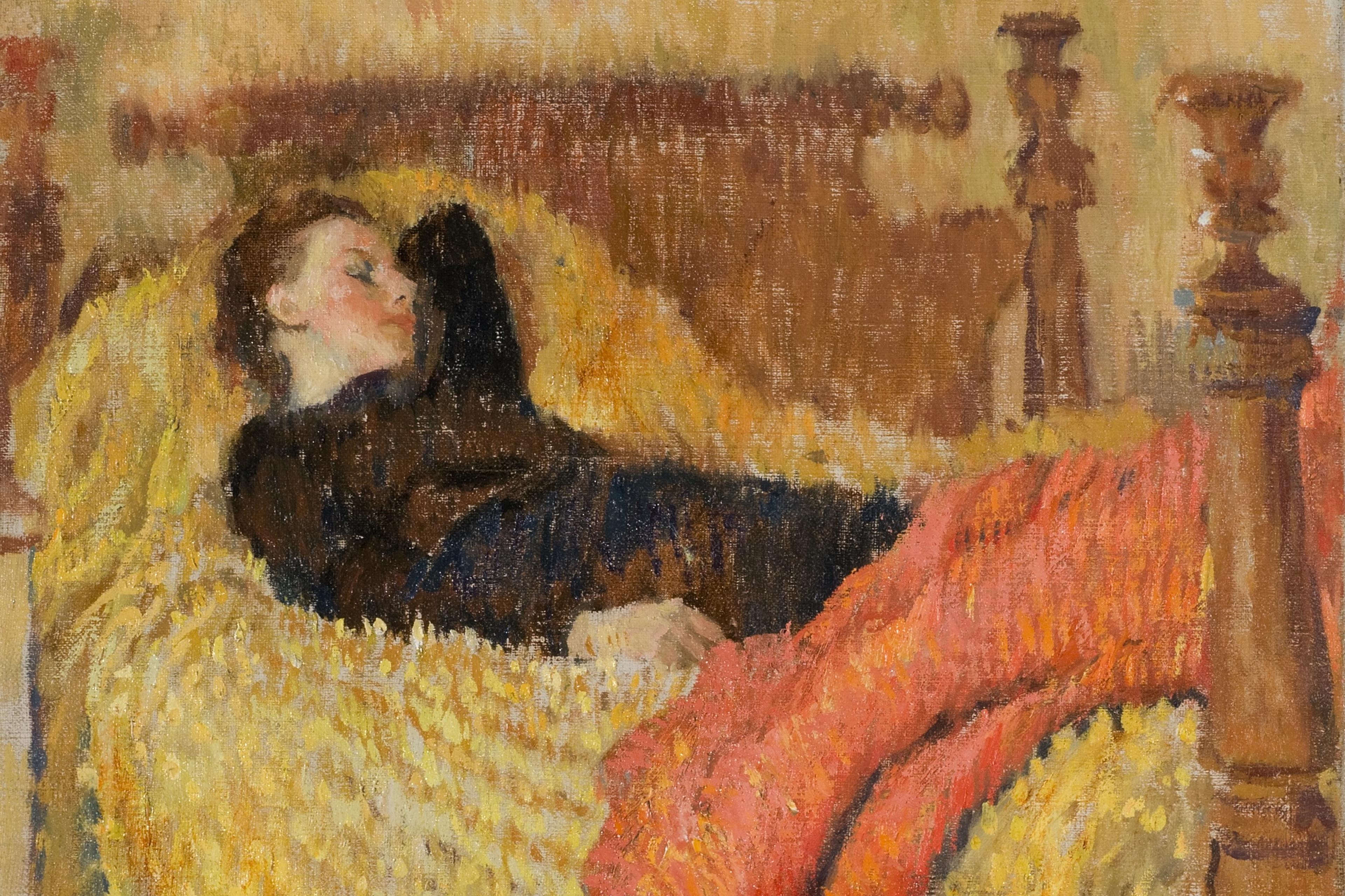 Painting of a person sleeping in a bed with yellow bedding and a red blanket in a warm-toned room.