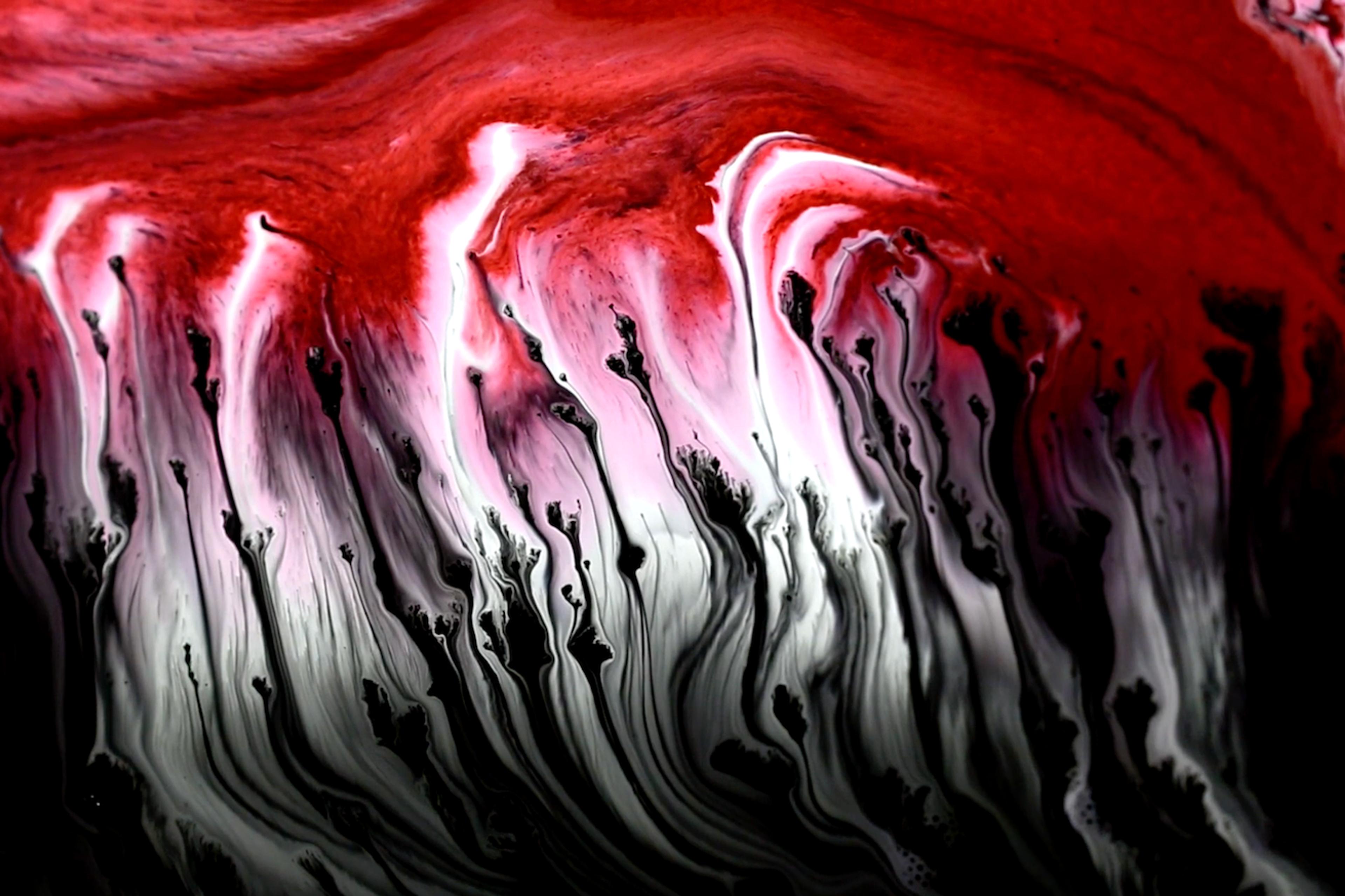 Abstract painting with flowing black, white, and red colours, creating a dynamic, wave-like pattern resembling a fluid motion.