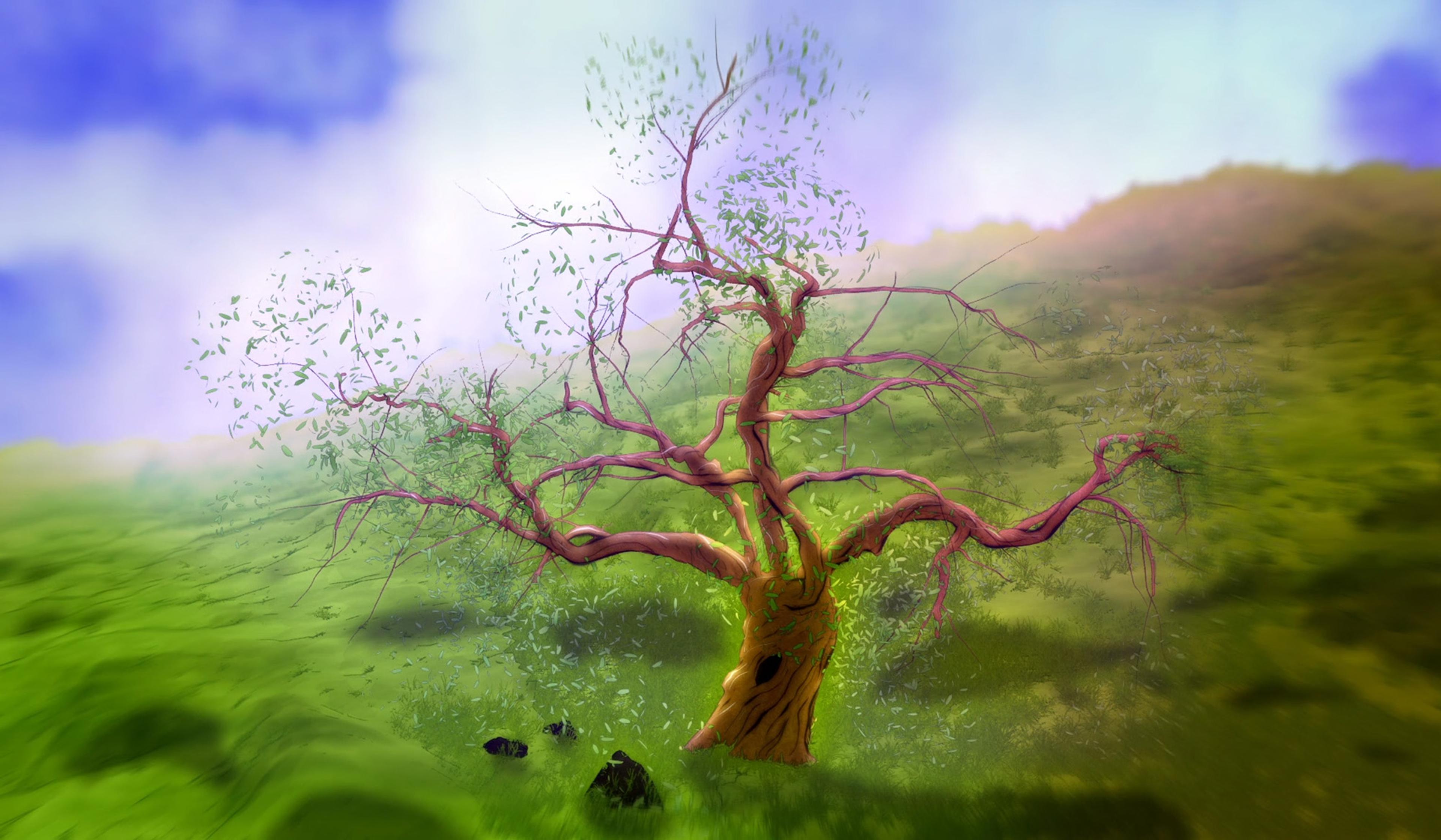 A digital illustration of an ancient, twisted tree with sparse green leaves, set against a misty, green landscape and a bright, cloudy sky.