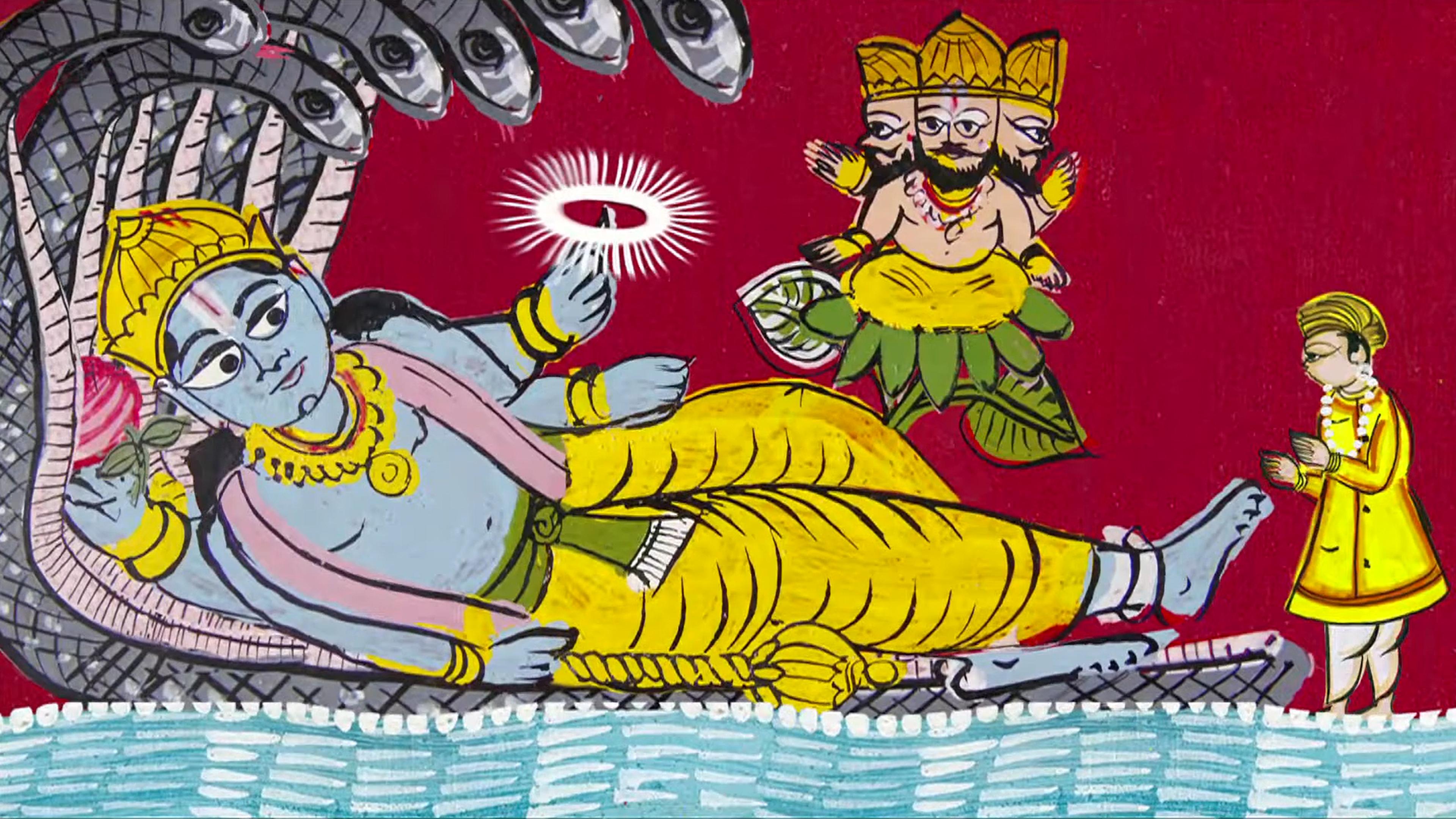 Traditional Indian painting of a deity reclining on a serpent on water with another figure on a lotus against a red background.