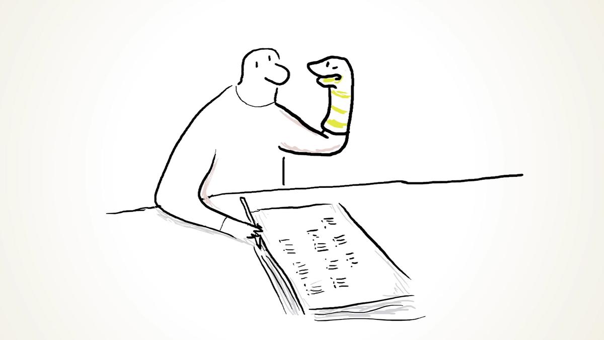 Cartoon of a person looking at a striped sock puppet while taking a written exam, drawn in a simple line art style.