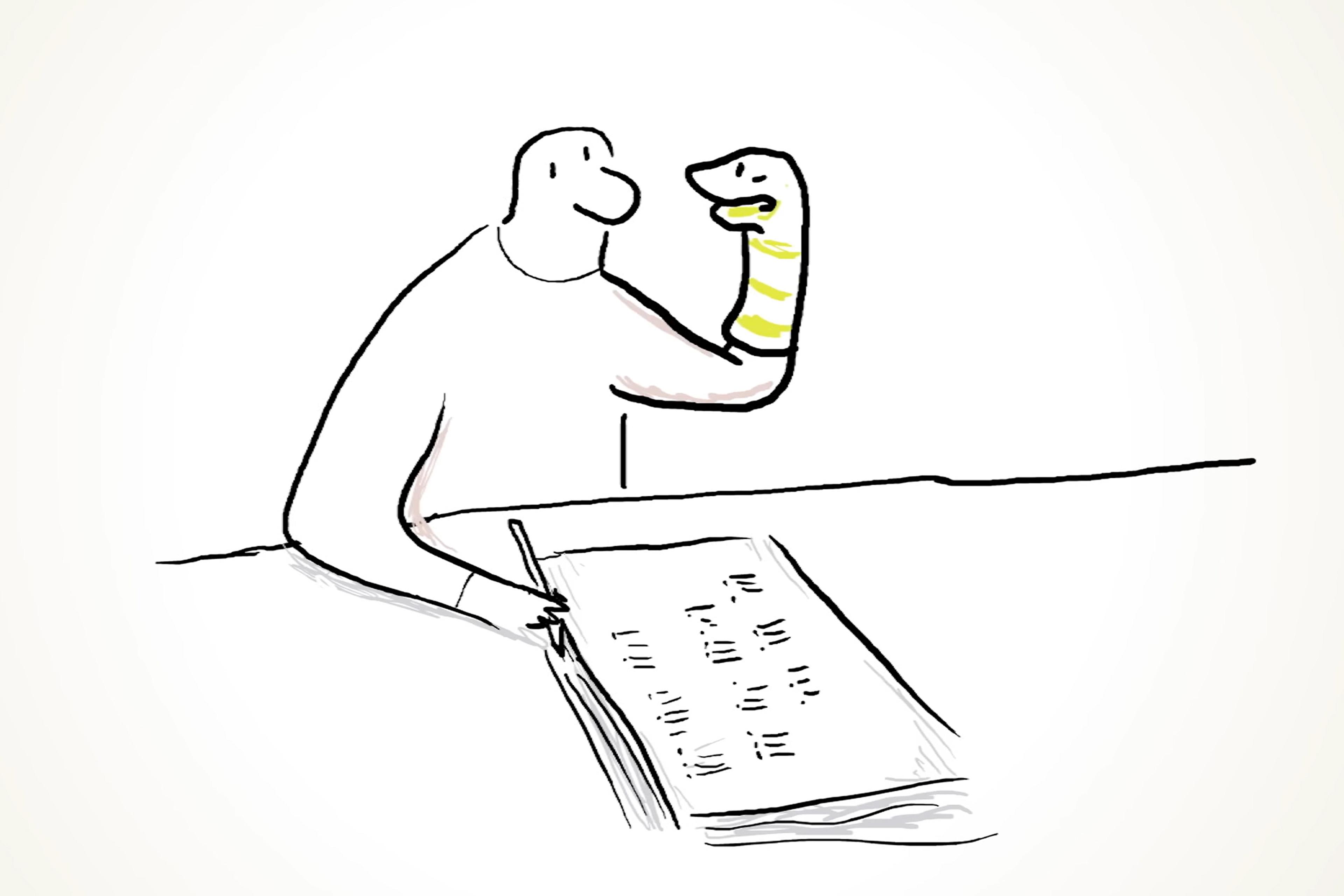 Cartoon of a person looking at a striped sock puppet while taking a written exam, drawn in a simple line art style.