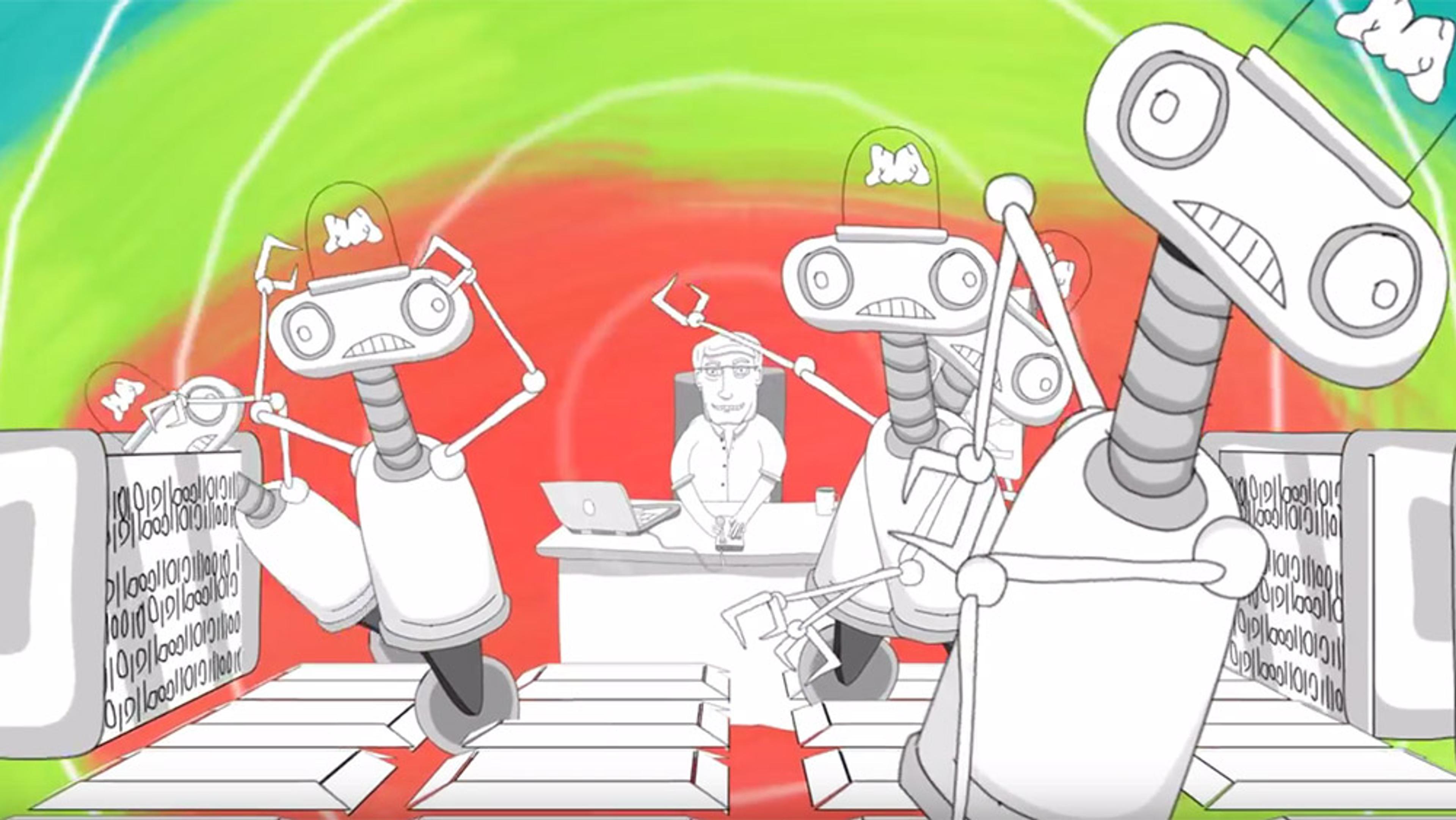 Cartoon of a person at a desk with laptops, surrounded by robots holding binary signs. Colourful abstract background.