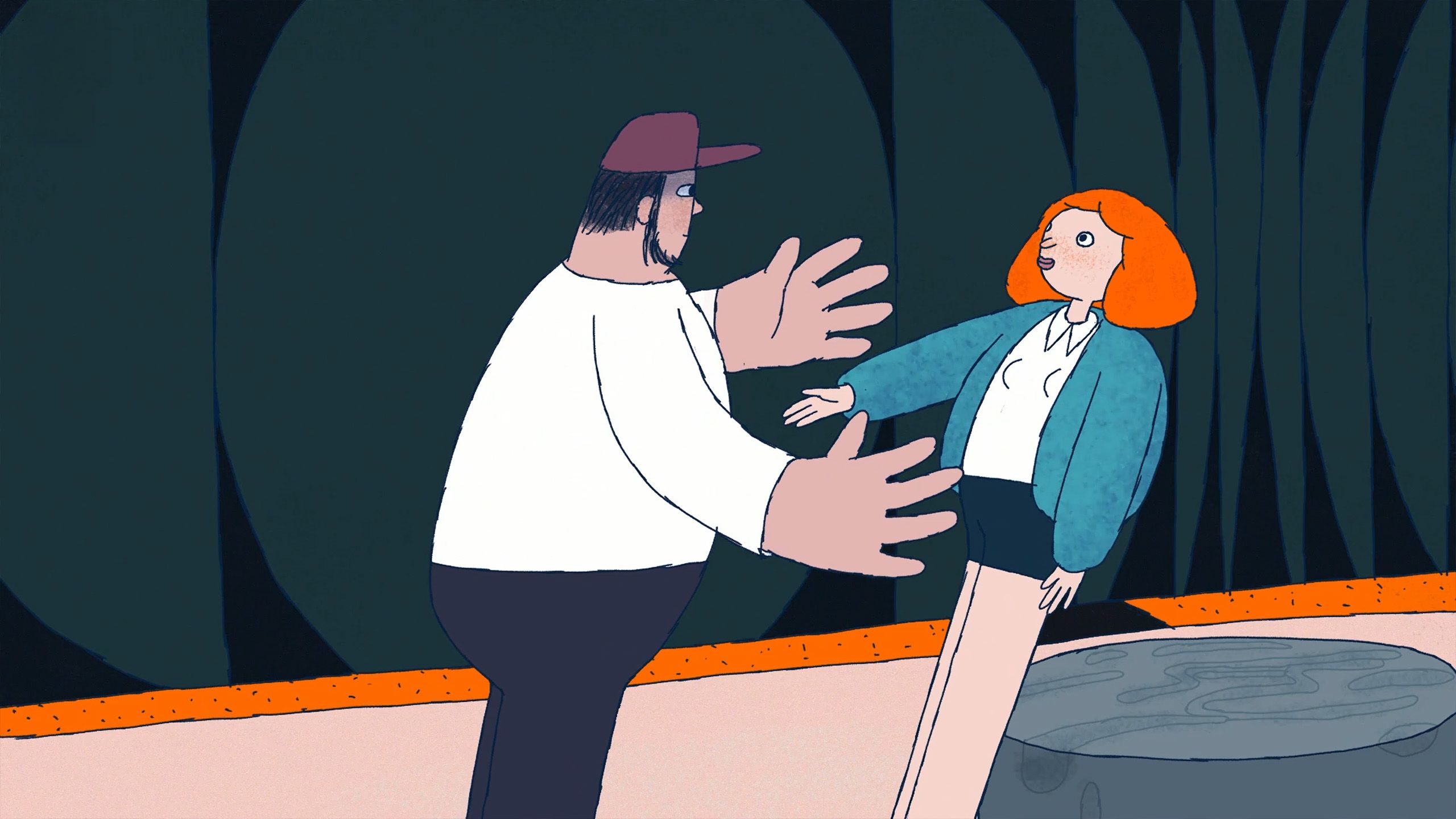 Animated scene of a man and woman with exaggerated limbs in front of a dark, abstract background.