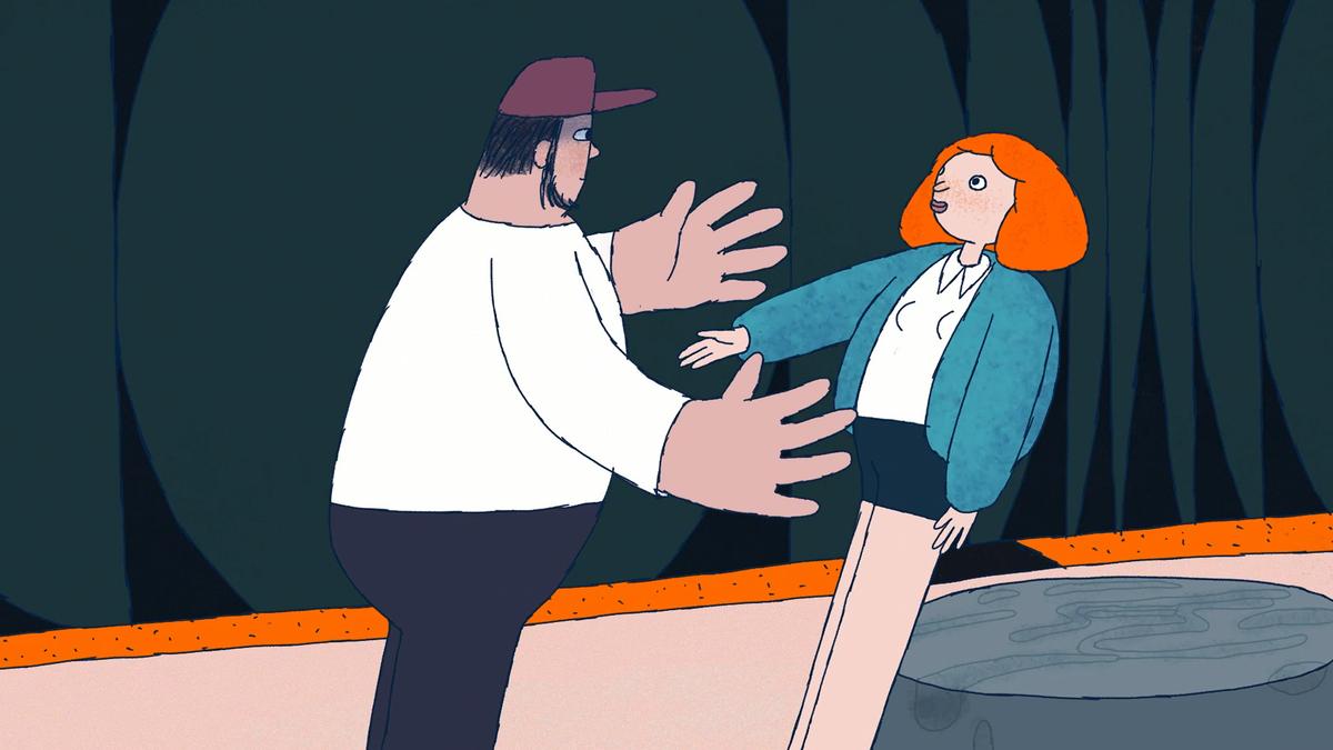 Animated scene of a man and woman with exaggerated limbs in front of a dark, abstract background.