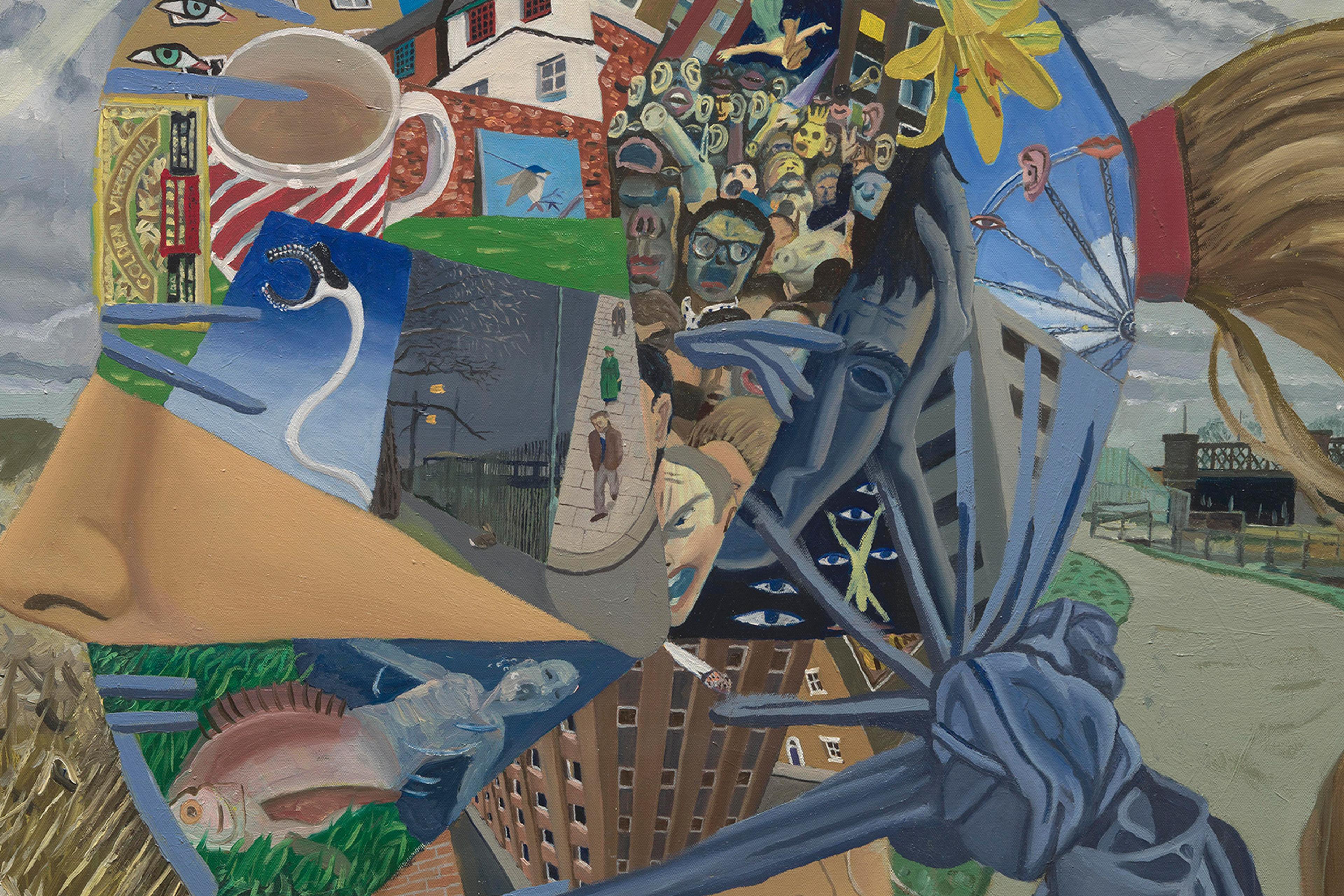 Surreal painting of a side profile with various images including a daffodil, buildings, people, a mug, and a fish.