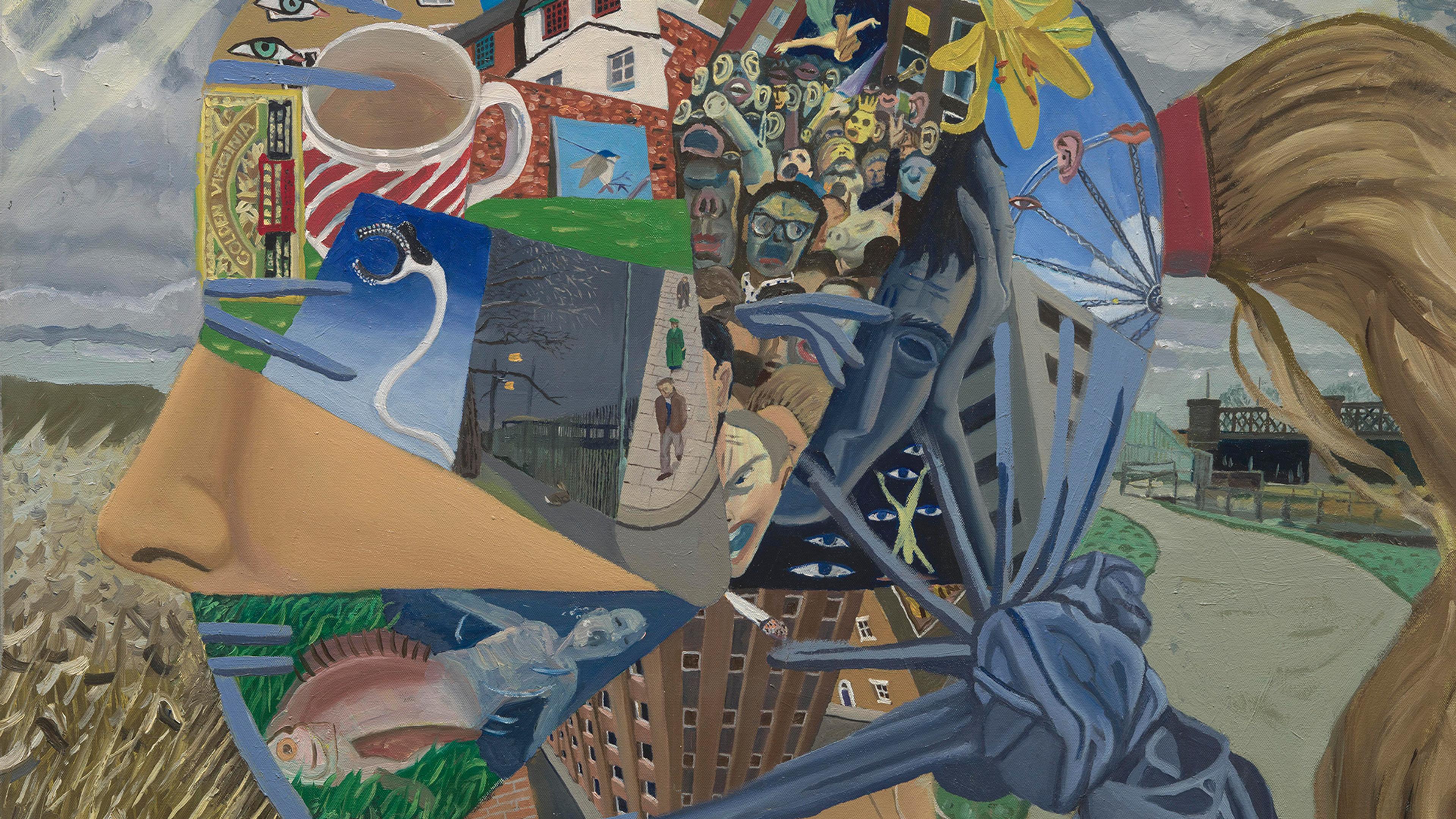 Surreal painting of a side profile with various images including a daffodil, buildings, people, a mug, and a fish.