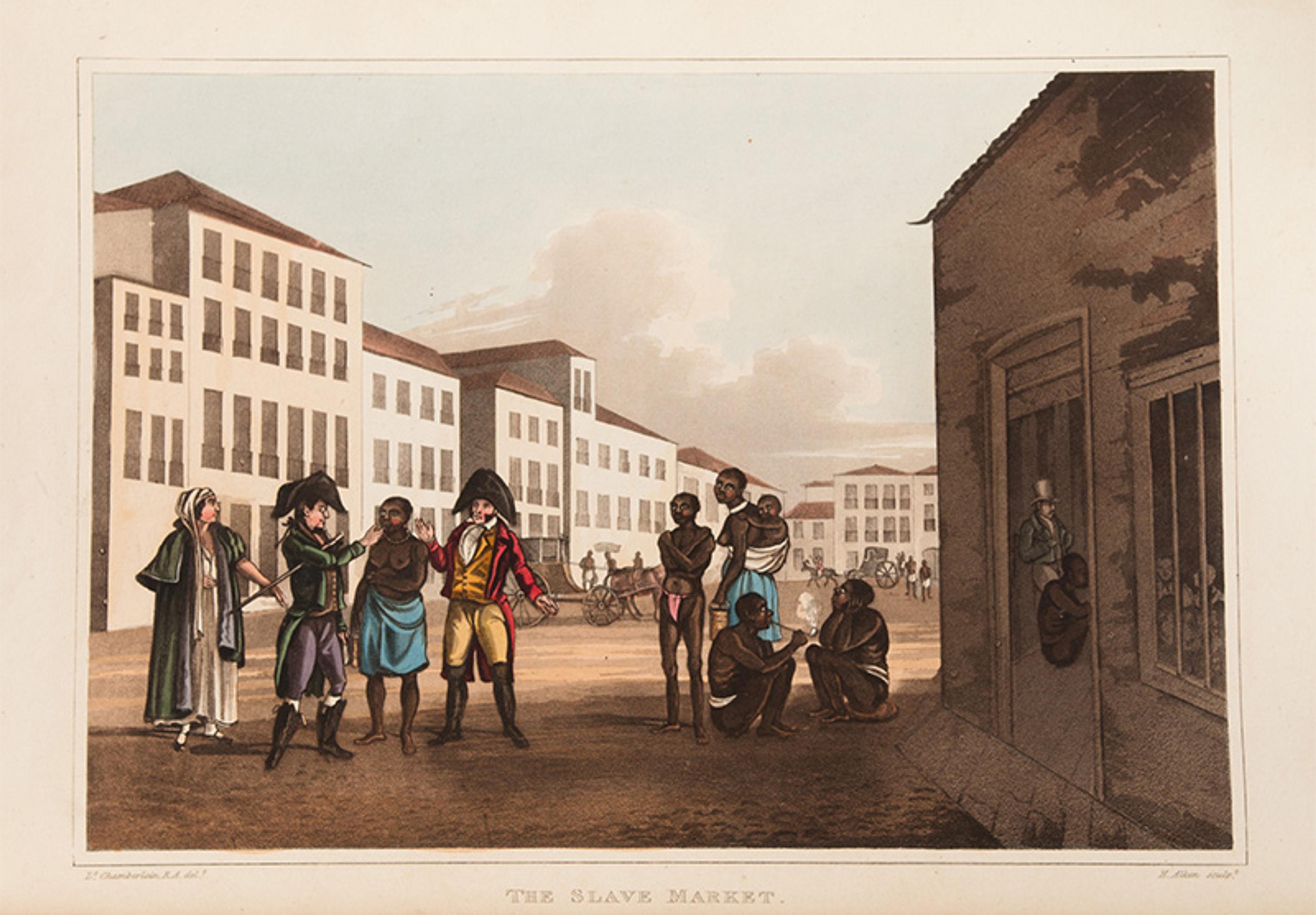 A painting of a slave market in a town square showing groups of people with buildings in the background.