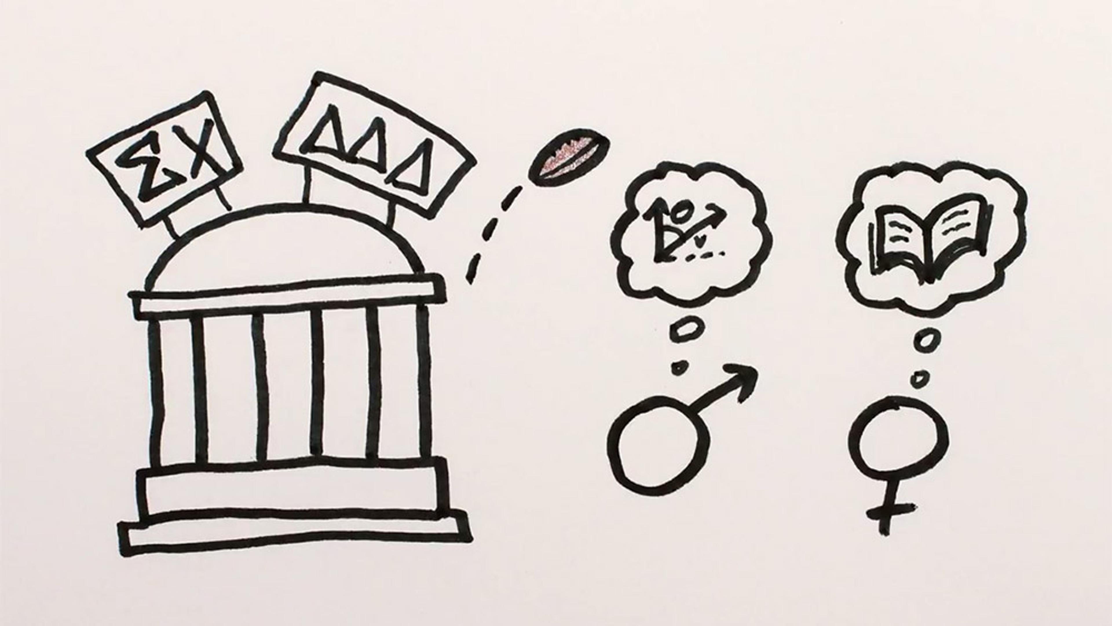 Simple drawing depicting a university building with male and female symbols dreaming of geometry and an open book respectively.