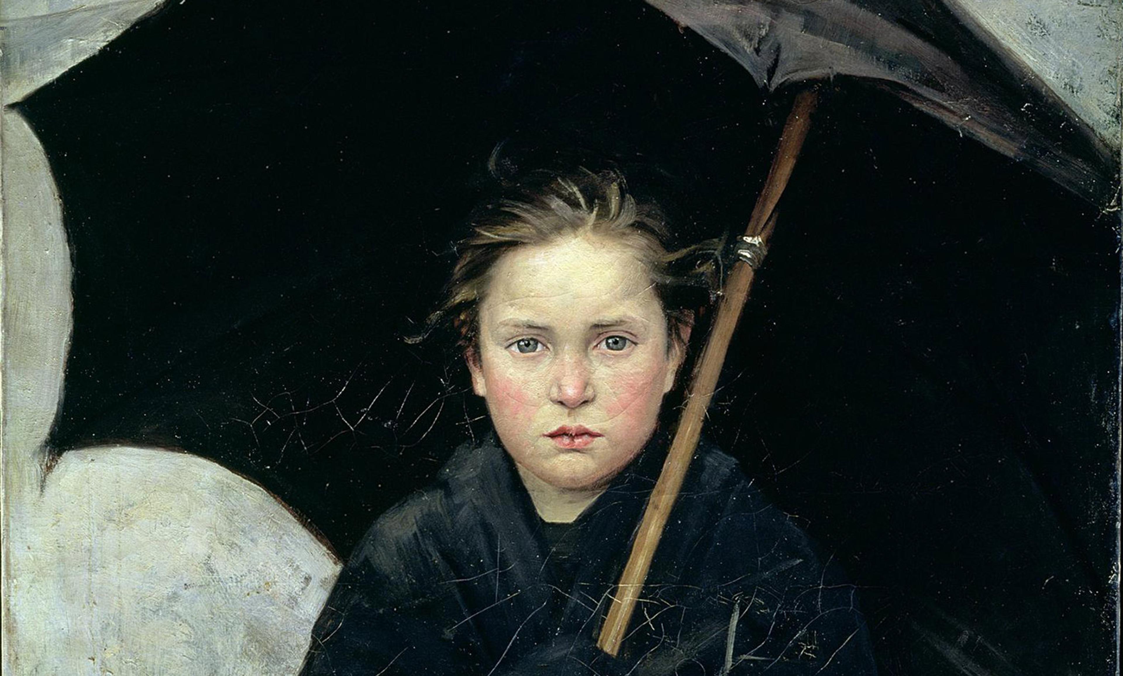 Painting of a young person with a solemn expression holding a black umbrella. The sombre background enhances the focal figure.