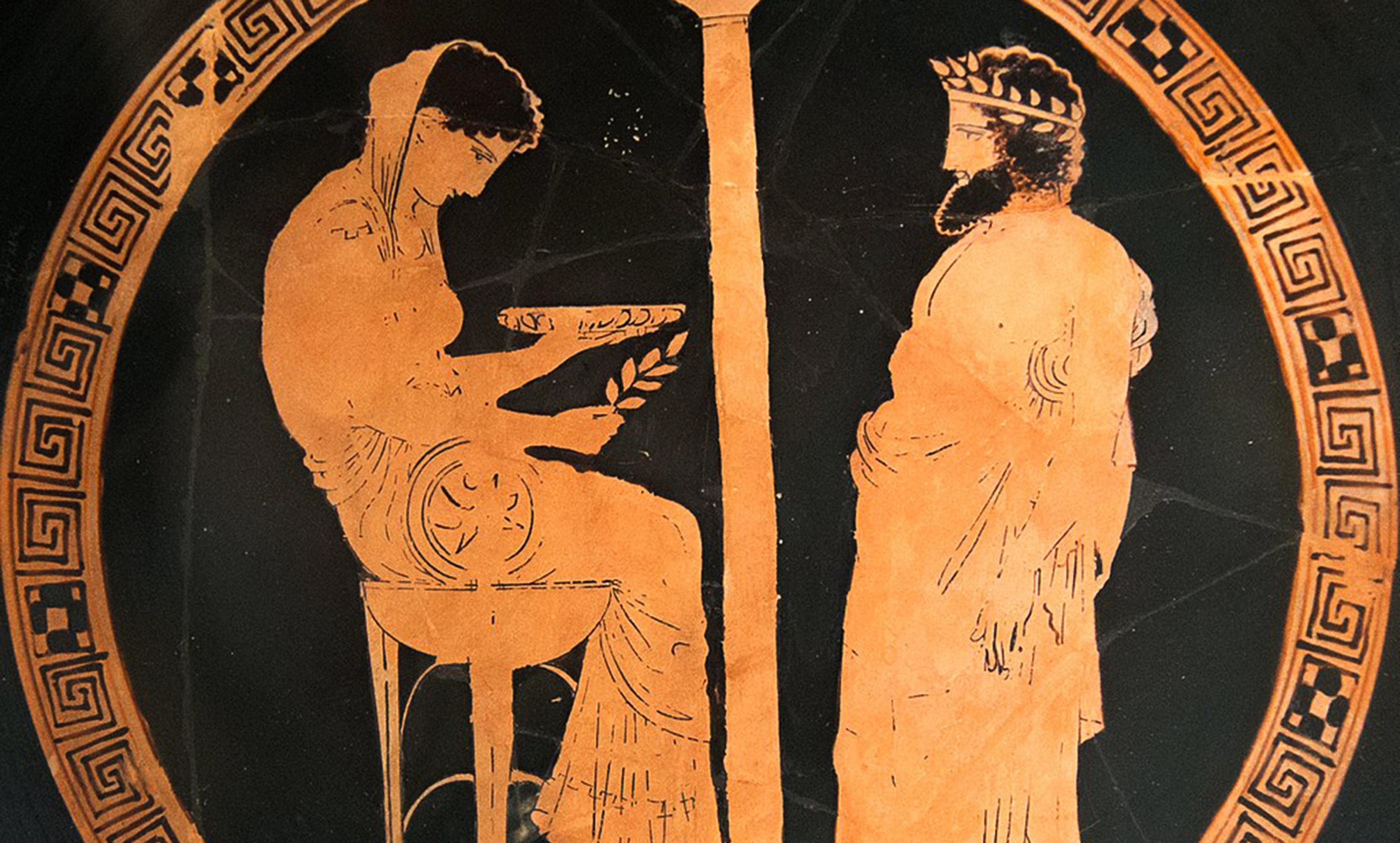 <p>An Attic red-figure kylix from Vulci (Italy), 440-430 BC, depicting King Aigeus in front of the Pythia at the Oracle of Delphi. Courtesy <a href="https://en.wikipedia.org/wiki/Aegeus#/media/File:Themis_Aigeus_Antikensammlung_Berlin_F2538_n2.jpg" target="_blank" rel="noreferrer noopener">Wikimedia.</a></p>