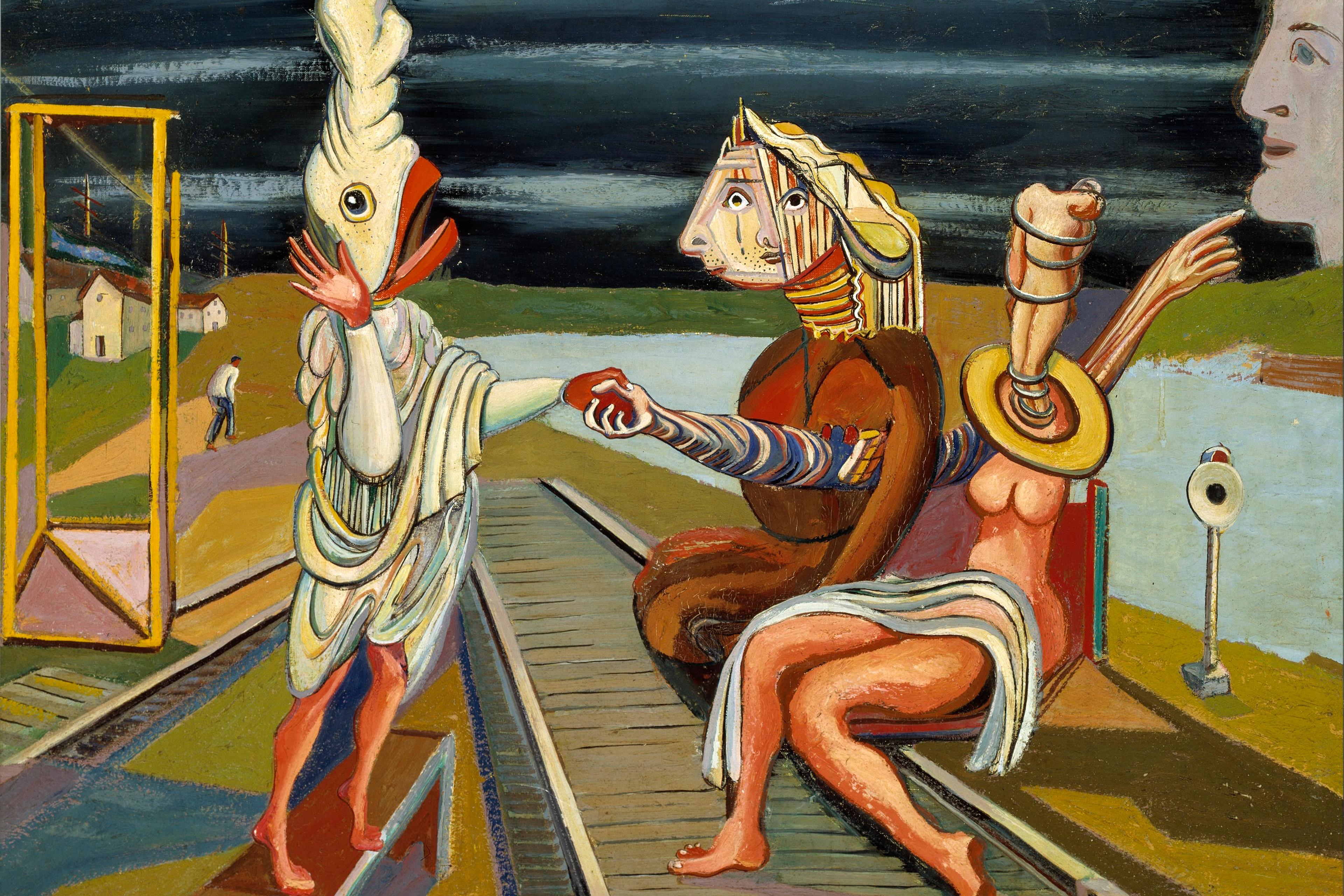 Painting with surreal figures including a fish-headed person and abstract human forms with a dark sky.