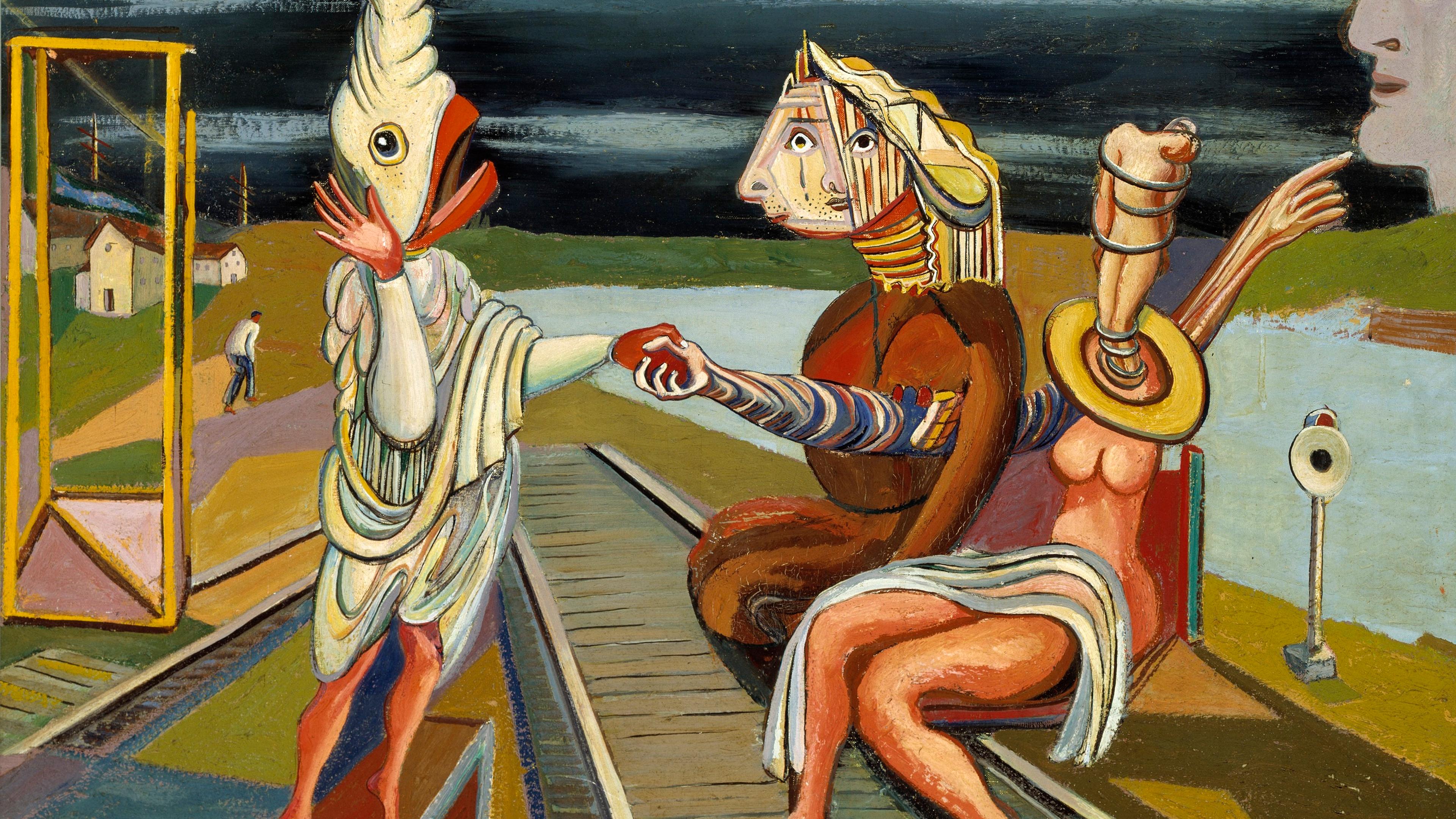 Painting with surreal figures including a fish-headed person and abstract human forms with a dark sky.