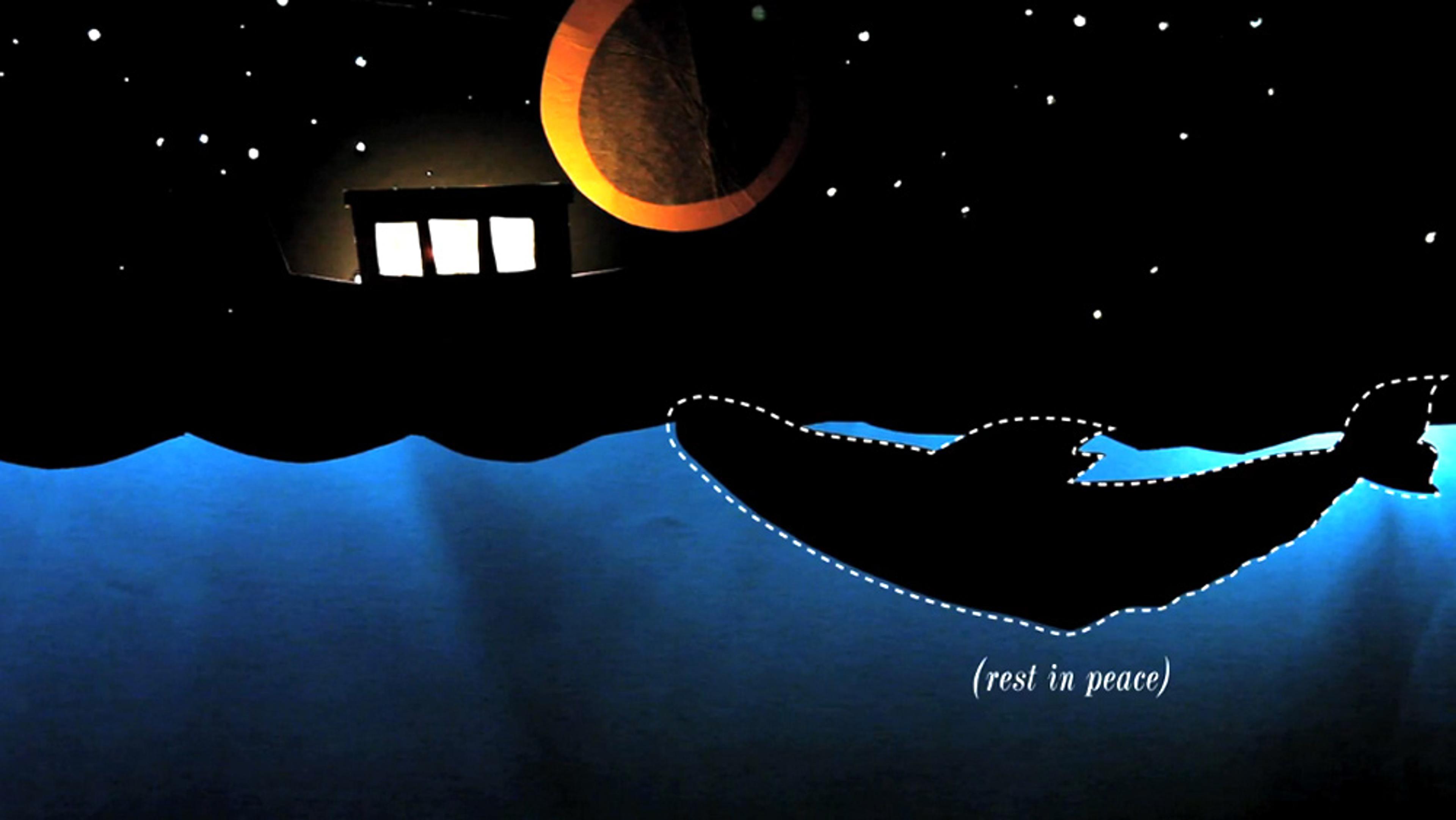 Painting of a boat under a crescent moon in a starry night sky. A silhouetted whale below water marked “rest in peace”.