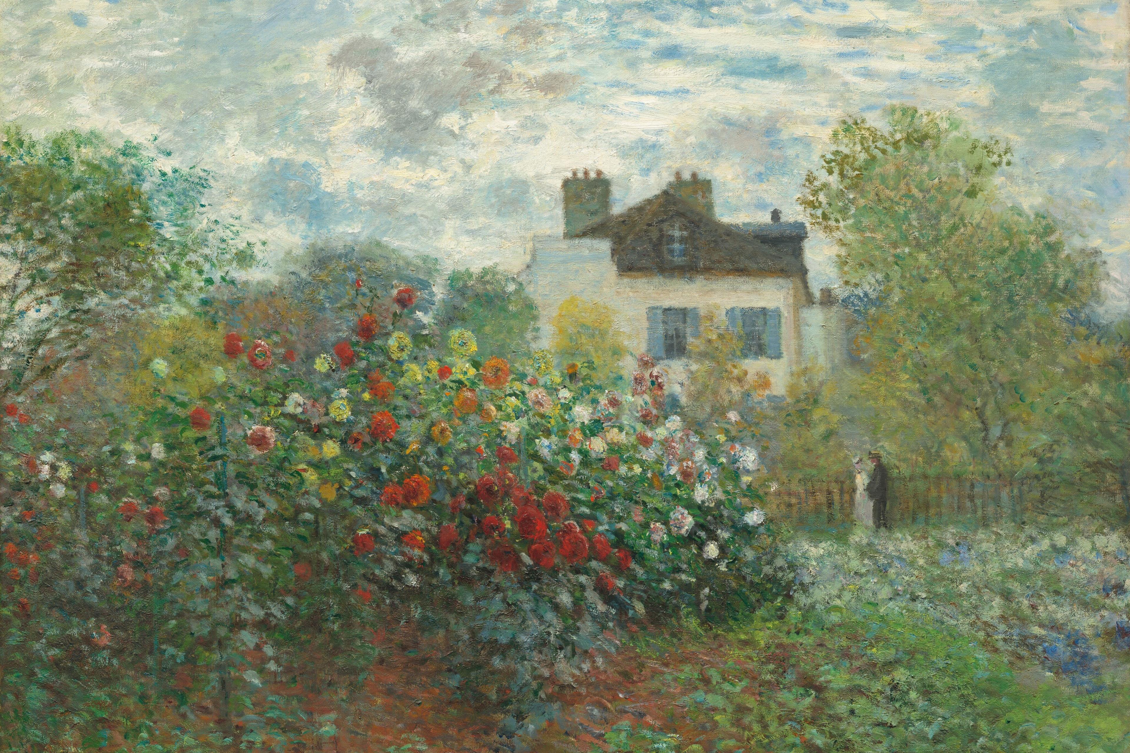 Painting of a garden with vibrant flowers and a house in the background under a cloudy sky. A person stands near a fence.