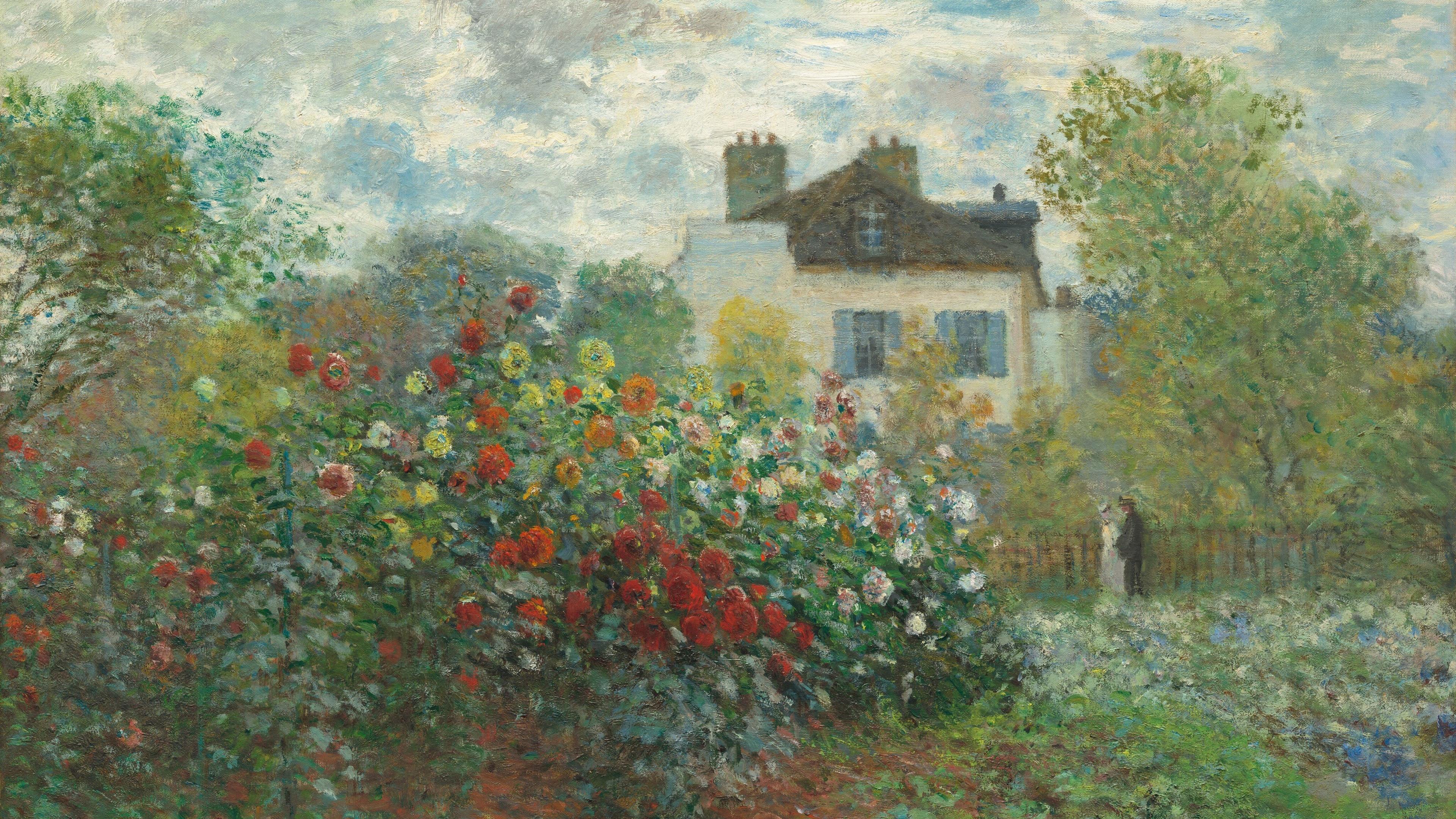 Painting of a garden with vibrant flowers and a house in the background under a cloudy sky. A person stands near a fence.