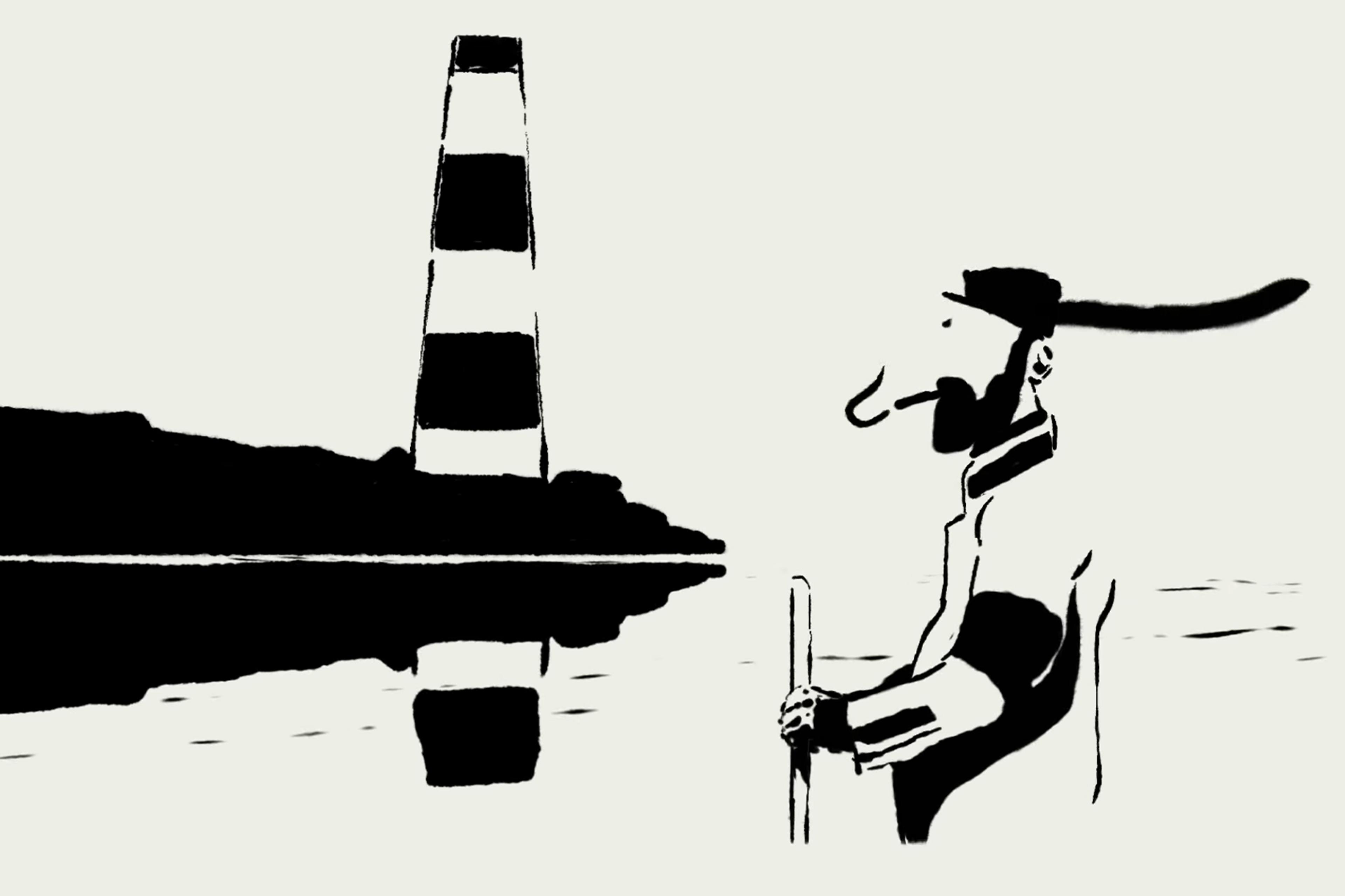 Monichrome drawing of a bearded man with a hat, holding a pole, facing a striped lighthouse on an island, both reflected on a calm body of water.