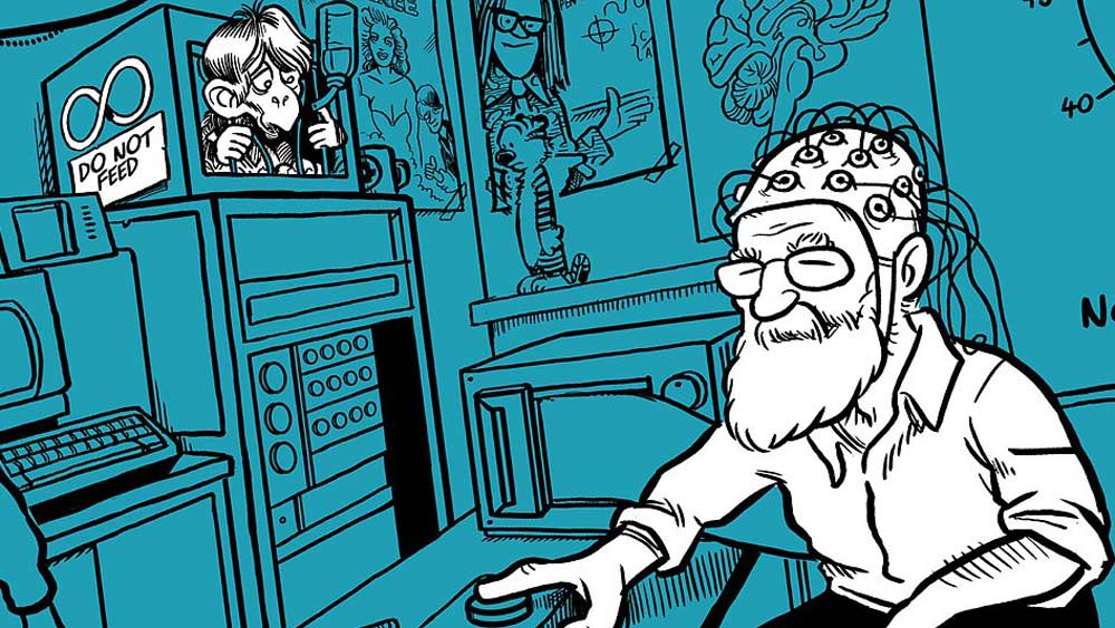 Cartoon of an elderly man with electrodes on his head, sitting at a computer, with humorous signs and drawings in the background.