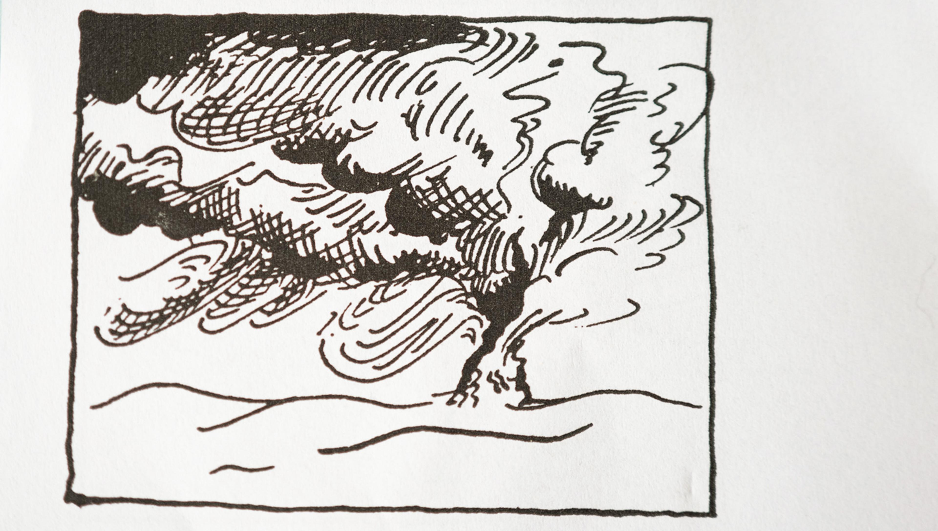 Black and white drawing of swirling smoke and flames rising from the ground, bordered by a rough square outline.