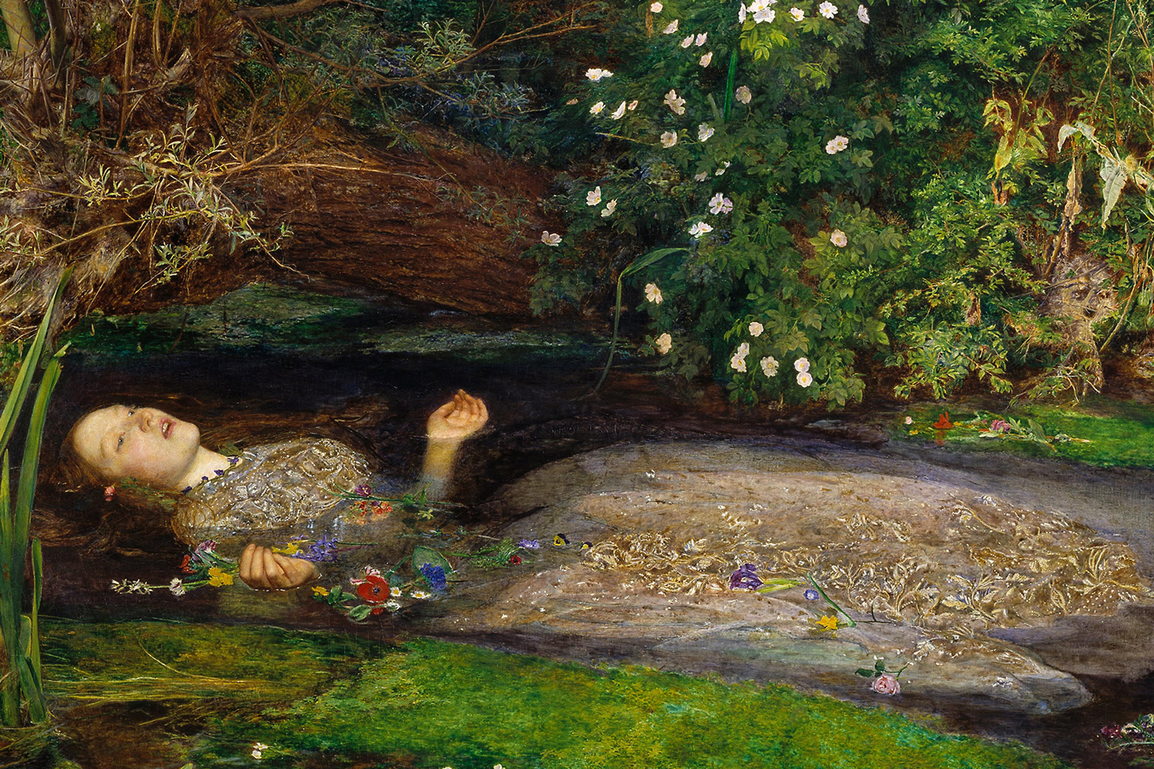 A painting of a woman floating on her back in a stream, surrounded by flowers and greenery, wearing a dress.