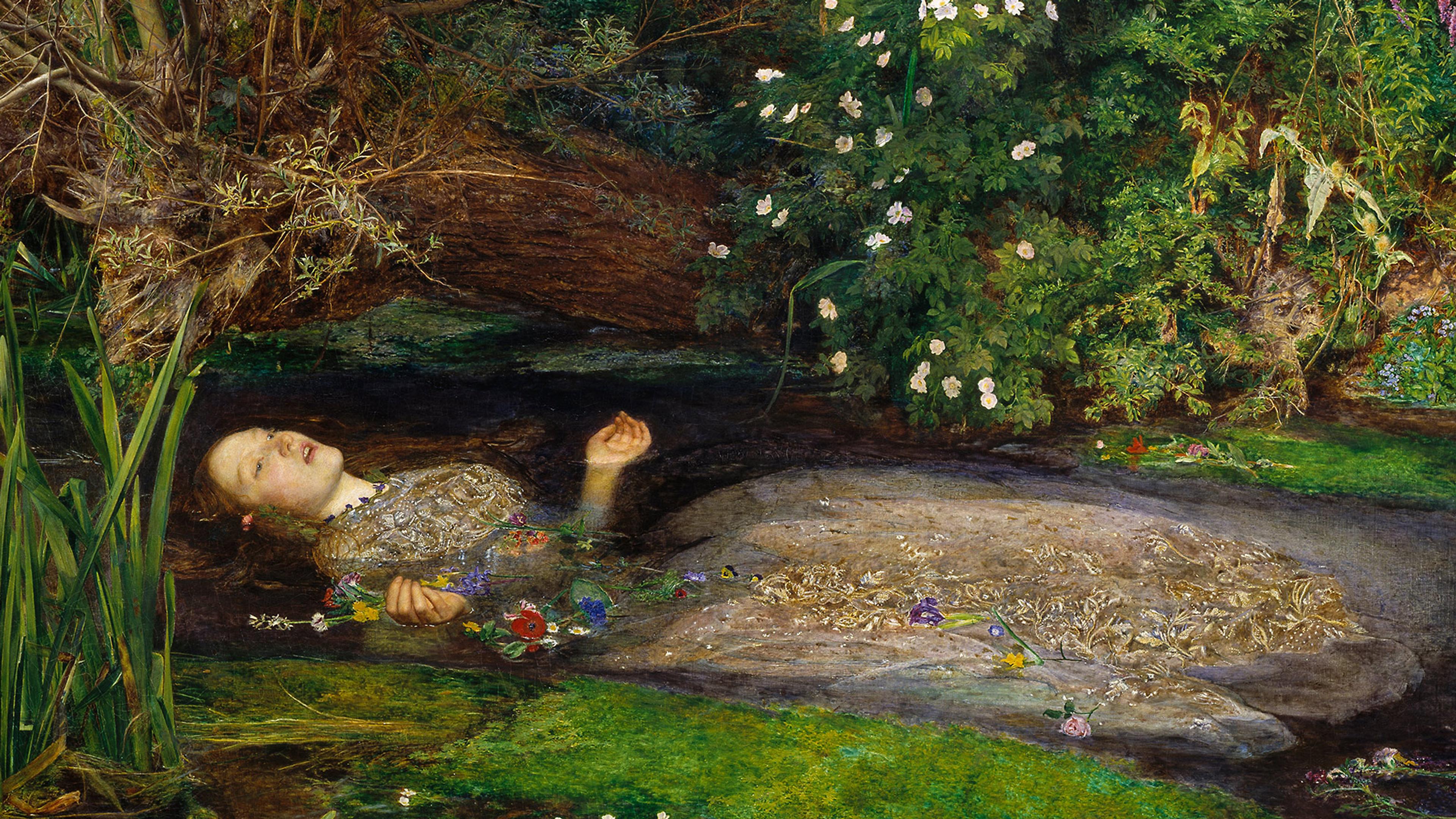 A painting of a woman floating on her back in a stream, surrounded by flowers and greenery, wearing a dress.
