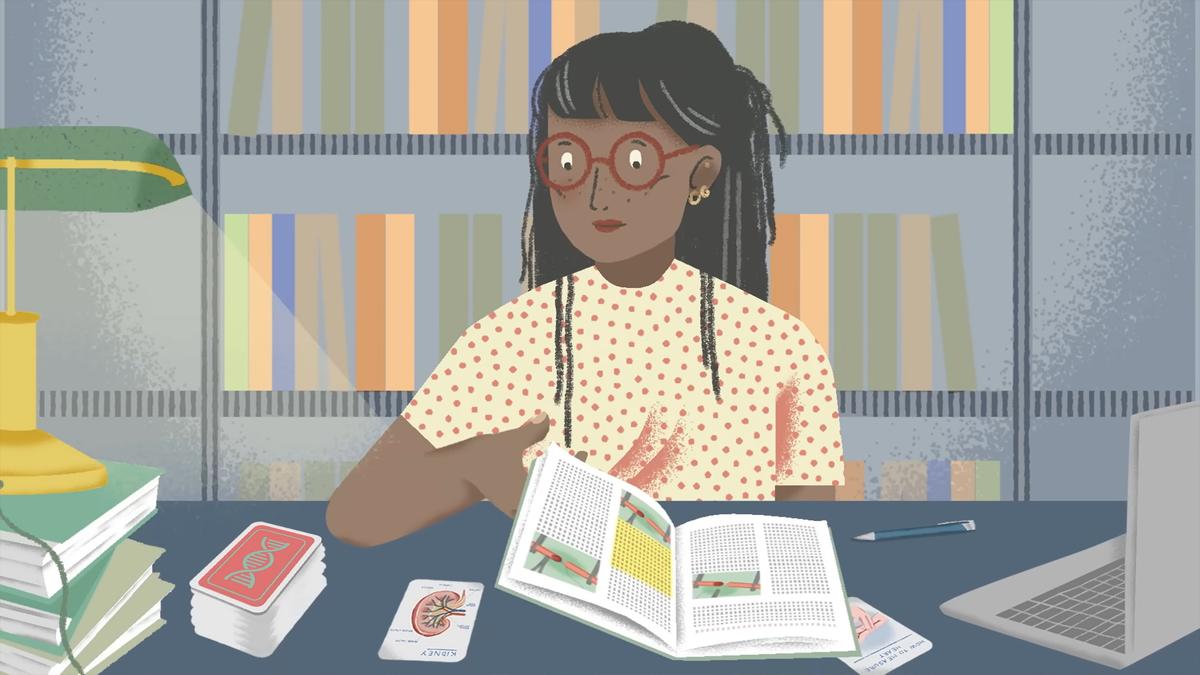 Illustration of a woman reading in a library at a table with books, cards, a lamp and a laptop.