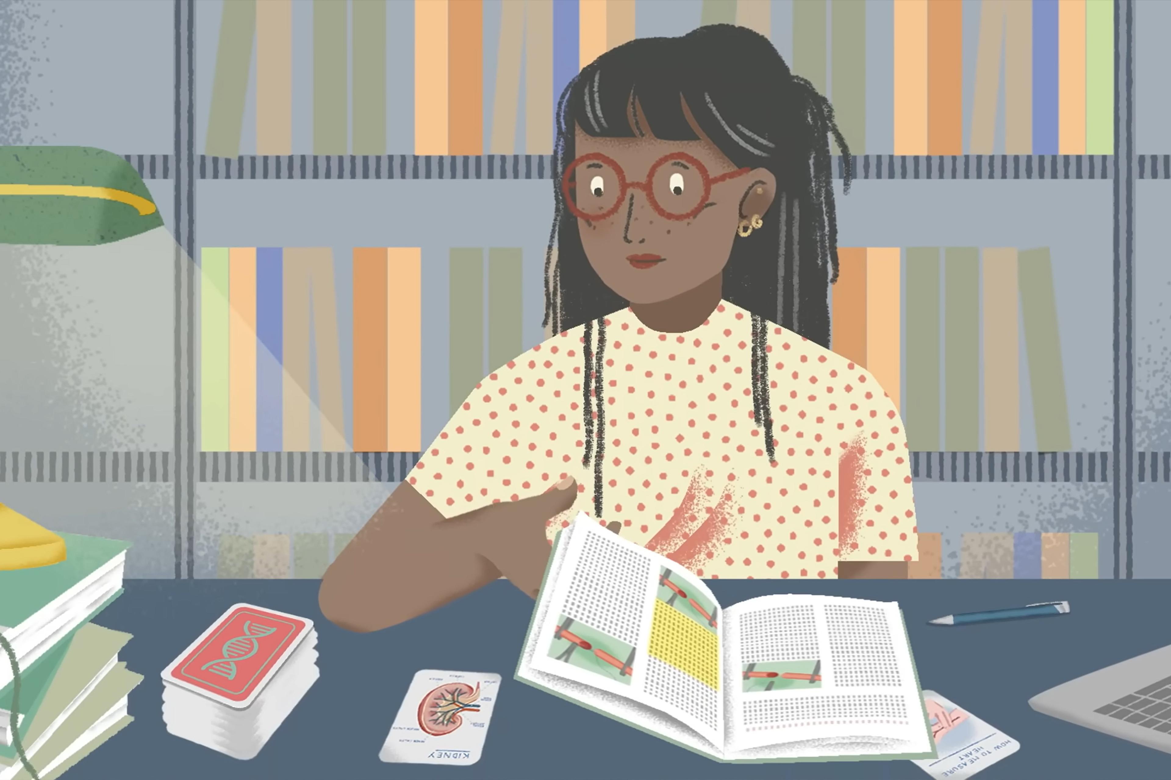 Illustration of a woman reading in a library at a table with books, cards, a lamp and a laptop.