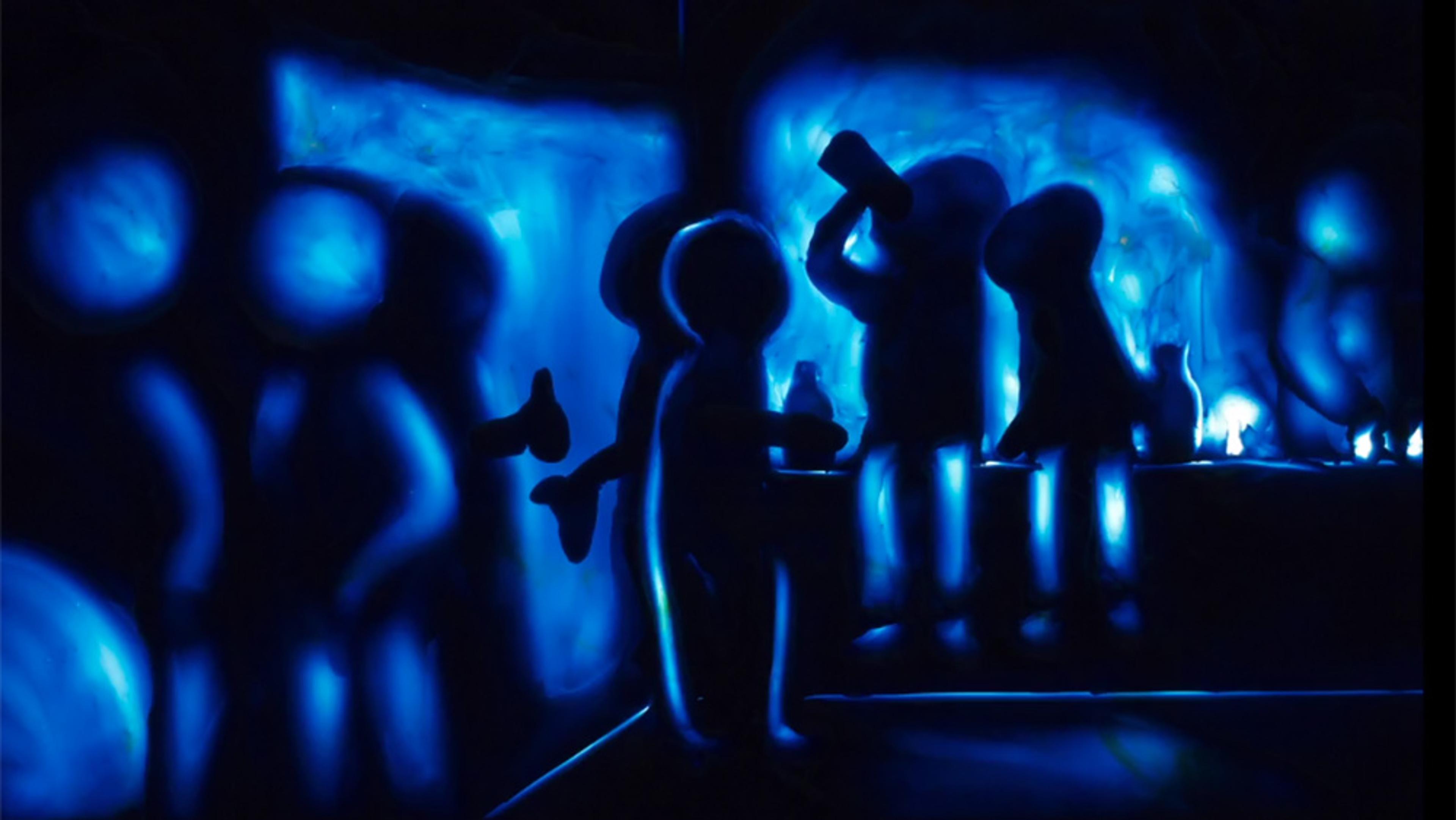 Abstract painting of blue human-like figures holding drinks in a dark room creating an eerie, glowing atmosphere.