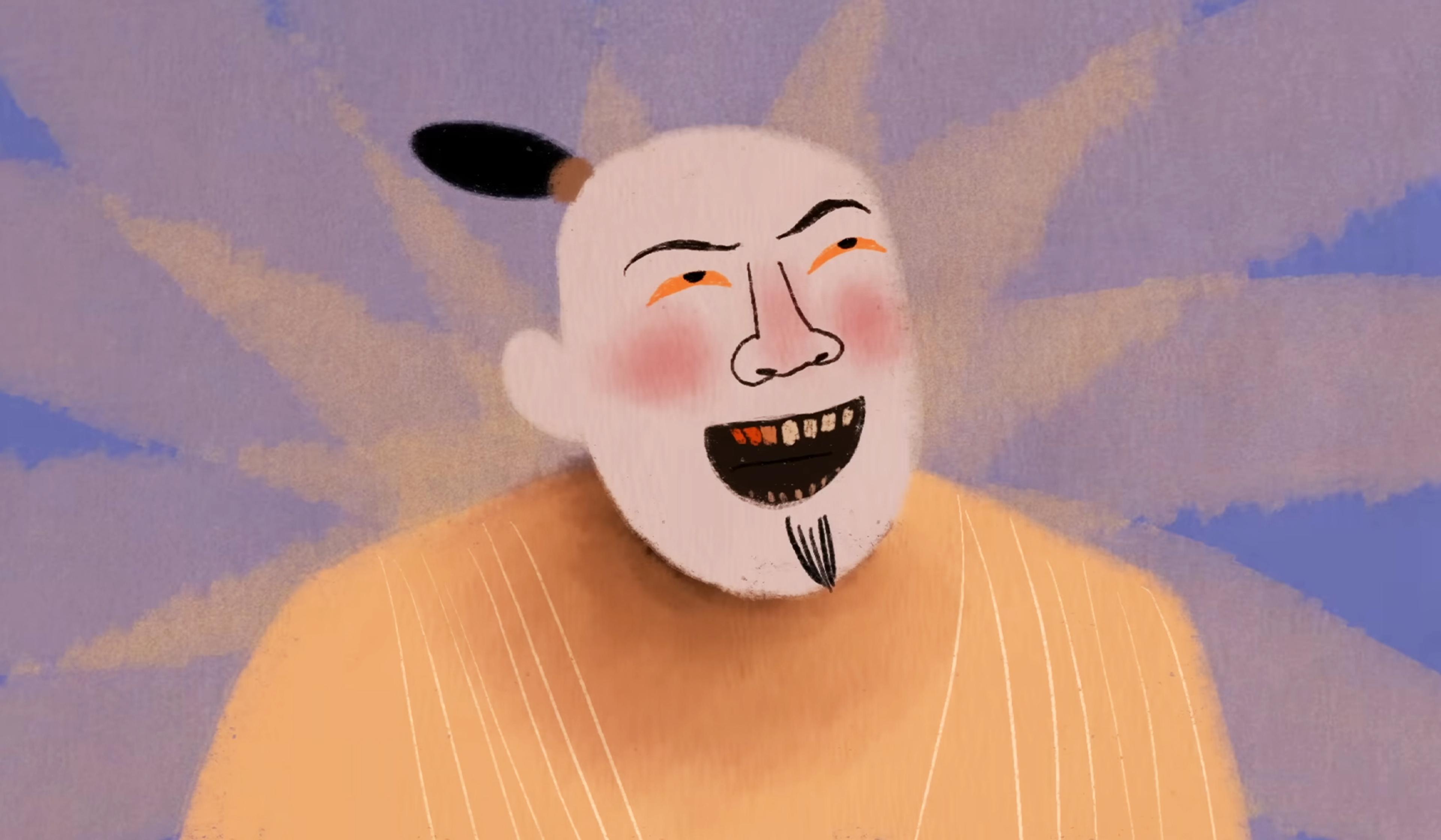 Illustration of a smiling figure with a topknot, red cheeks, and a small goatee. The background features abstract, pastel-blue and light-brown brush strokes.