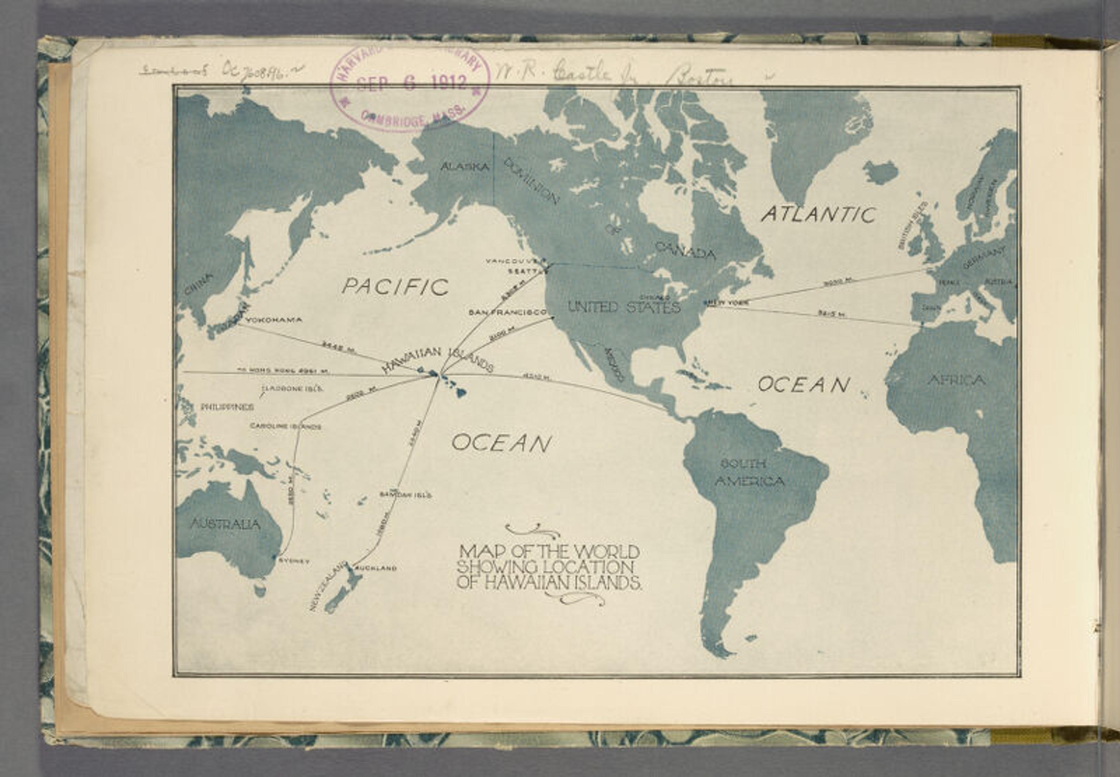 Vintage map showing the location of the Hawaiian Islands with global routes, dated 1912.