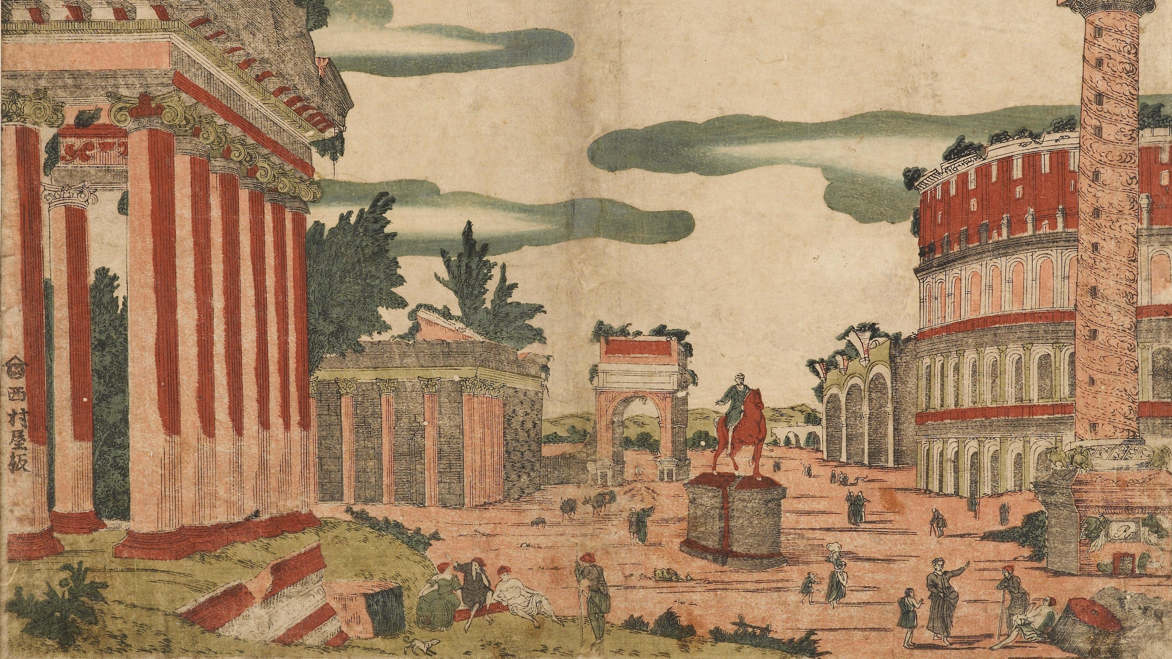 Painting of an imagined European cityscape with classical ruins, columns, arches people and statues in a colourful style.