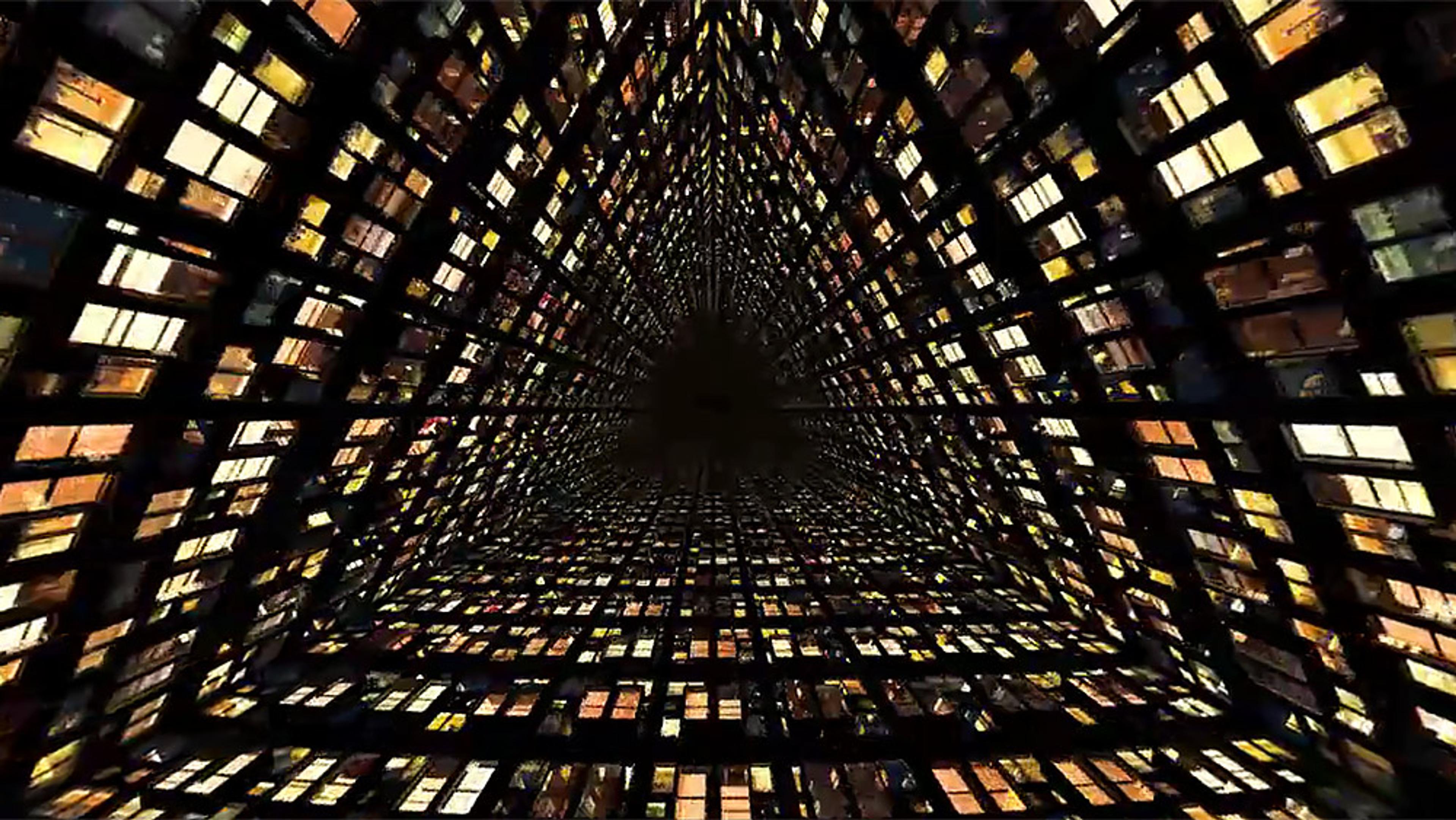 Digital artwork of a cityscape at night depicting an infinite matrix of windows forming a tunnel towards a dark vanishing point in the centre.