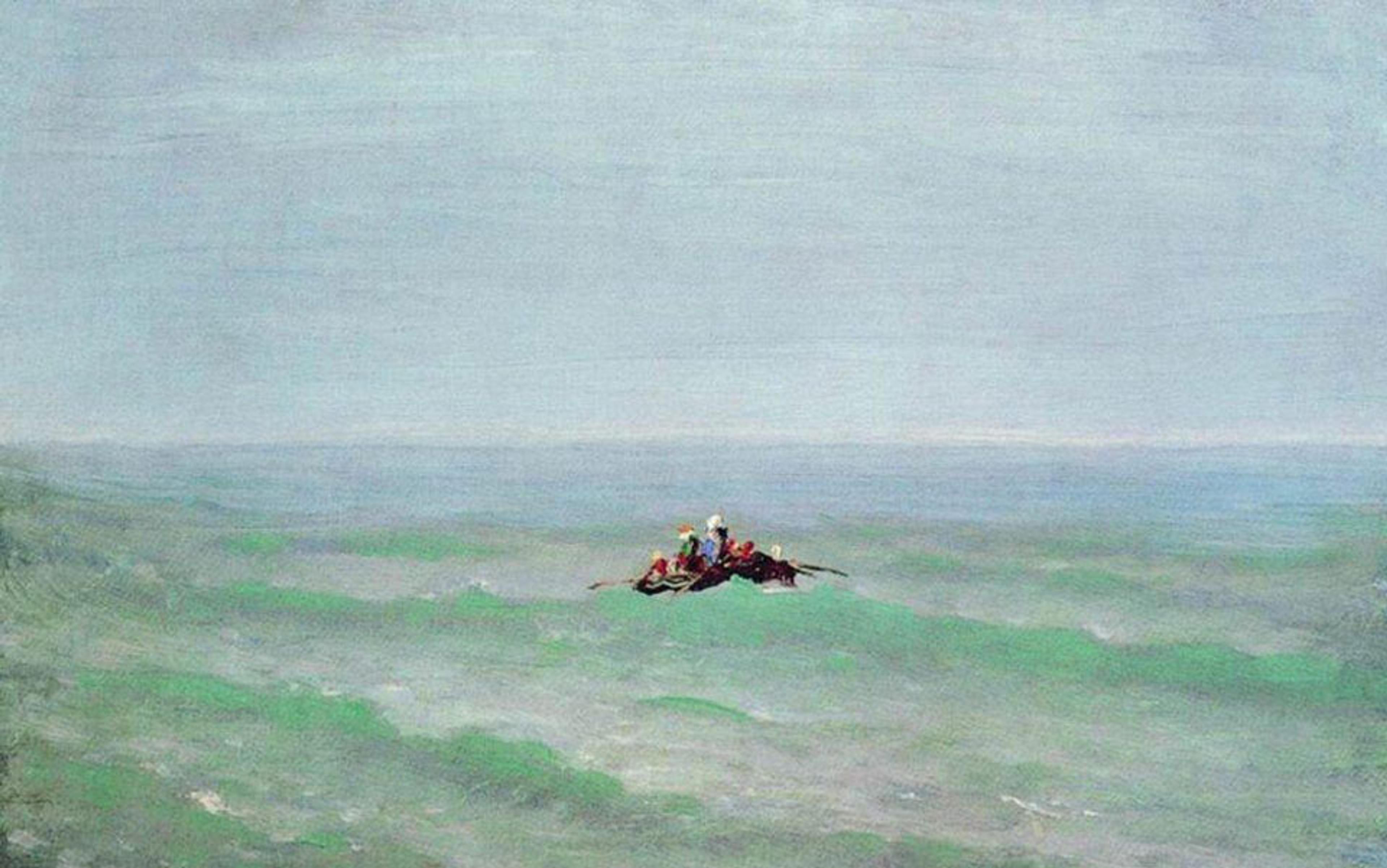 Painting of a small rowboat with people in the vast sea under a cloudy sky, conveying a sense of isolation and vastness.