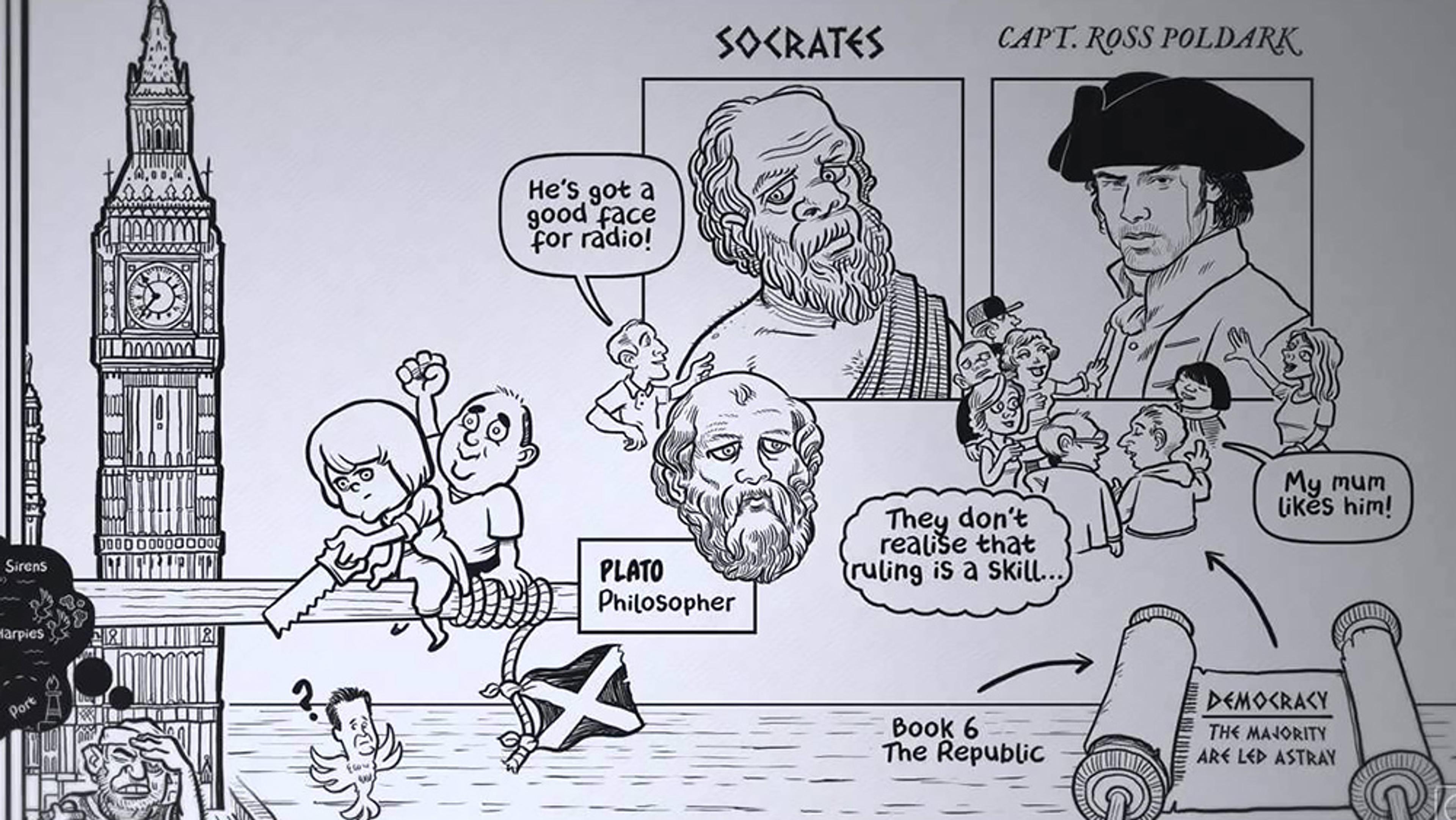 Black-and-white cartoon with Plato, Socrates, and Captain Ross Poldark, Big Ben background, quotes about democracy from Book 6 The Republic.