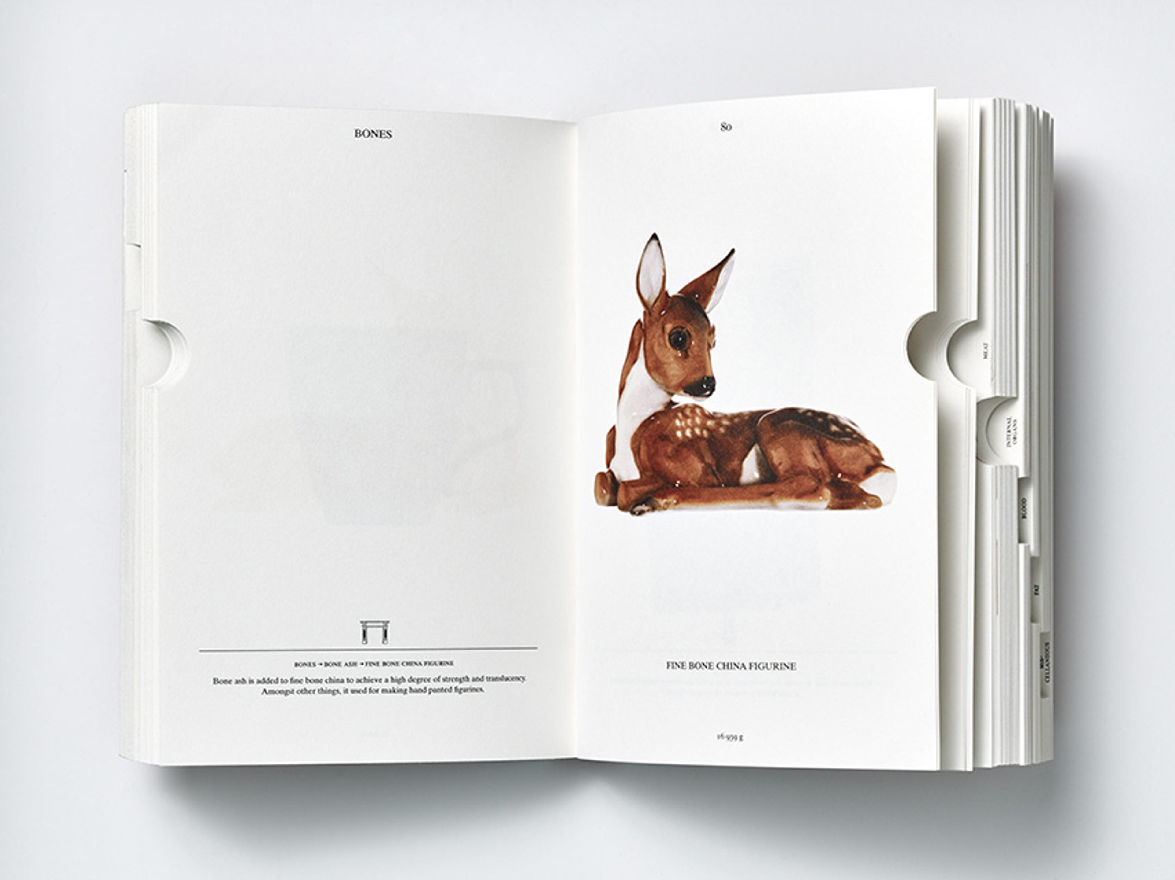 Open book with an illustration of a fine bone china figurine of a fawn. The text describes bone ash in bone china production.