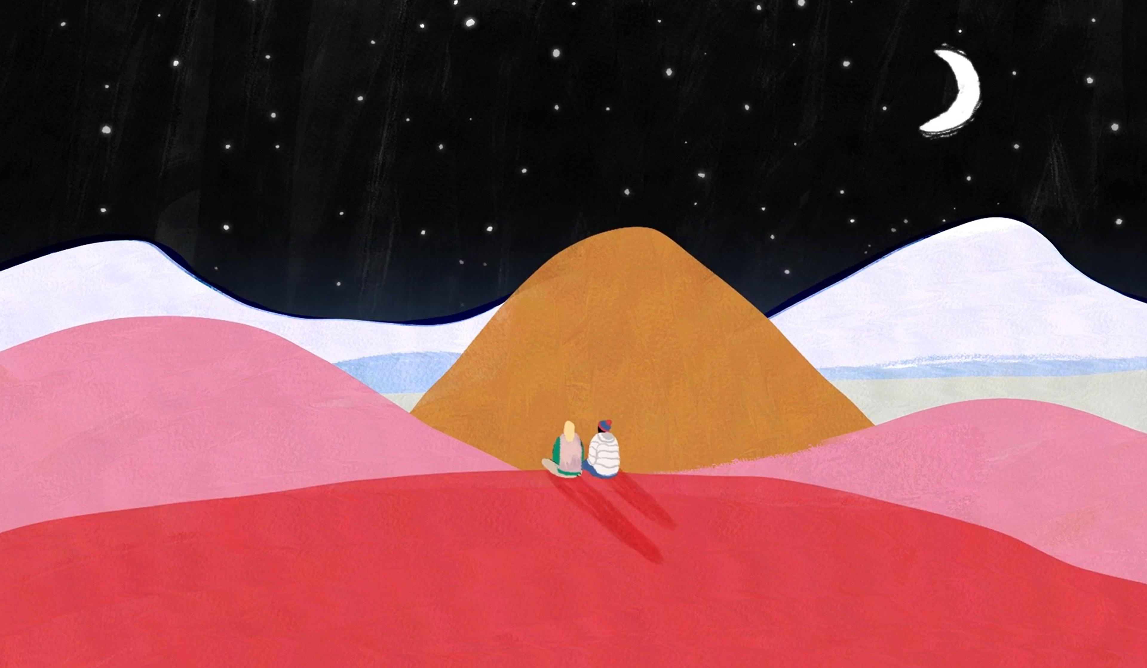 Illustration of two people sitting on colourful hills, gazing at a starry night sky with a crescent moon.